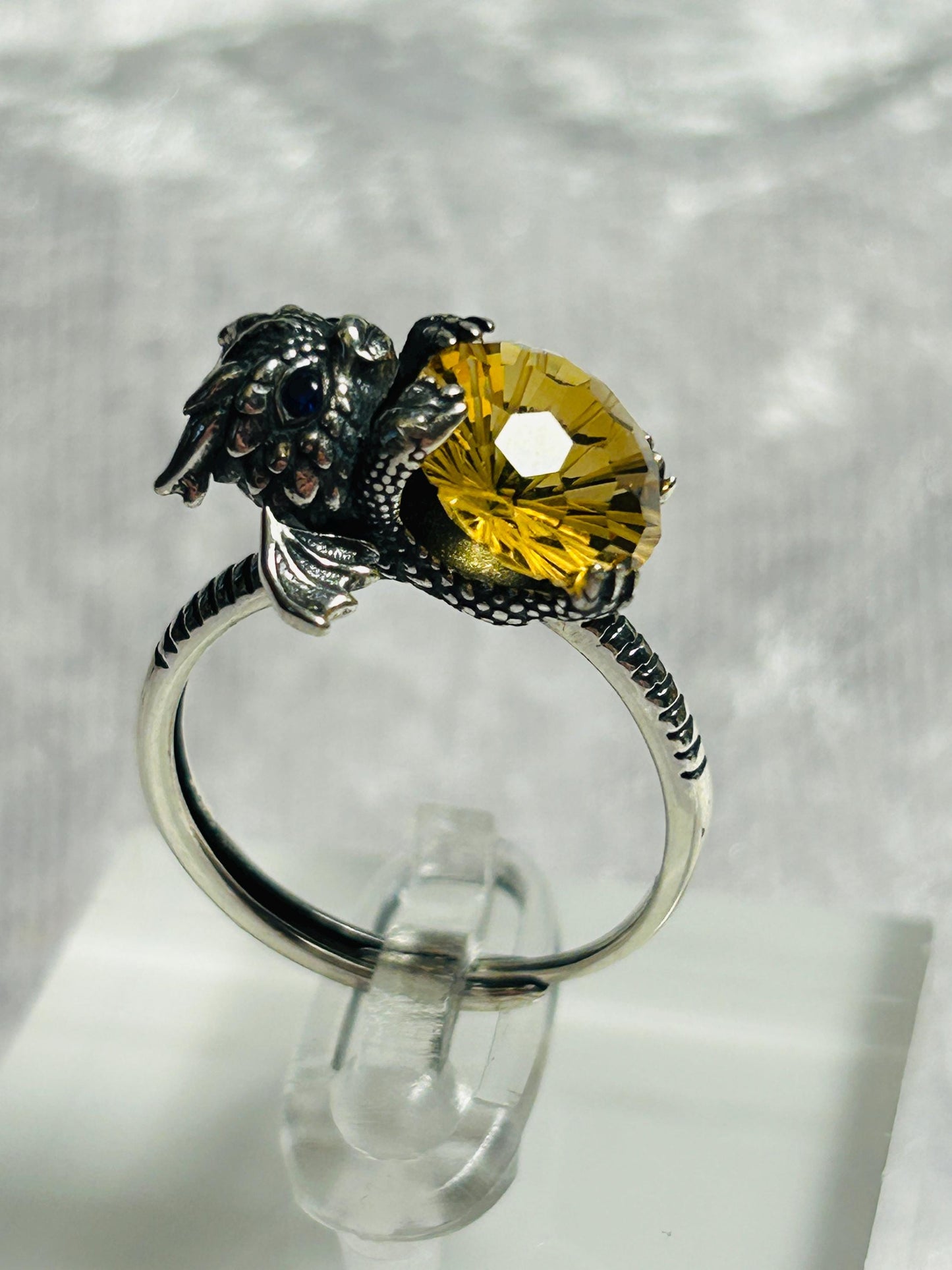Baby Dragon 925 Silver Ring: Citrine Gemstone, Sapphire Eyes, Adjustable