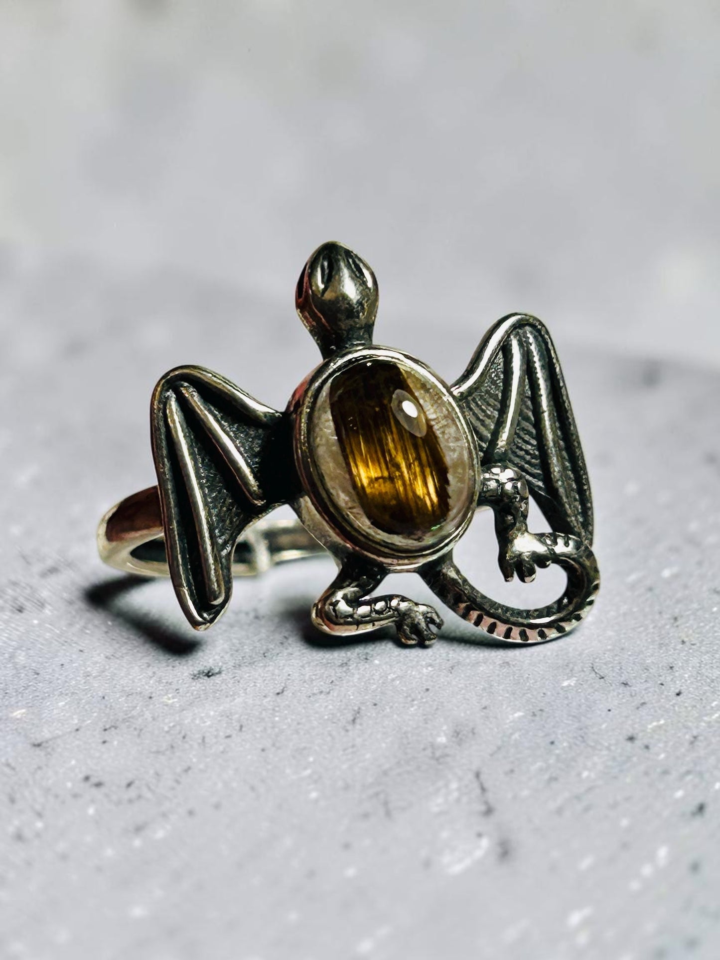 Fantasy Dragon Ring with Gold Rutilated Quartz Gemstone • 925 Sterling Silver • Adjustable • Gift Box