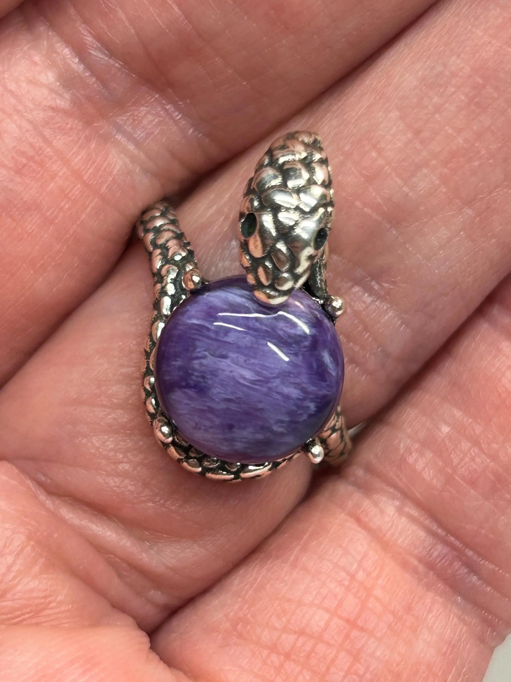 925 Silver Snake Ring with Charoite - Adjustable Serpent Jewellery with CZ Eyes - Gift Boxed Celtic Dragon Jewellery
