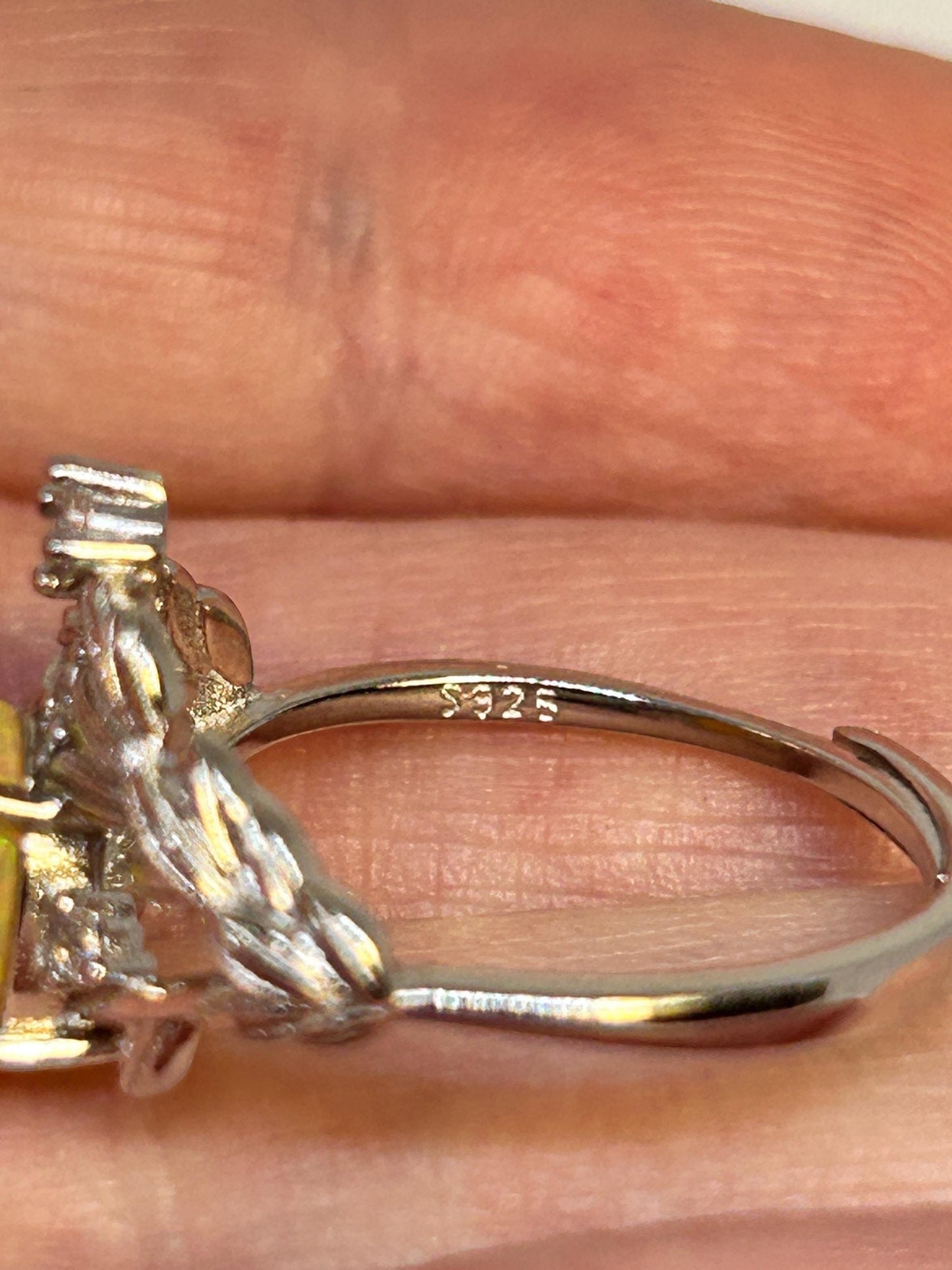 Leaf Ring with Opal Gemstone & CZ Accents • 925 Sterling Silver • Adjustable • Gift Box