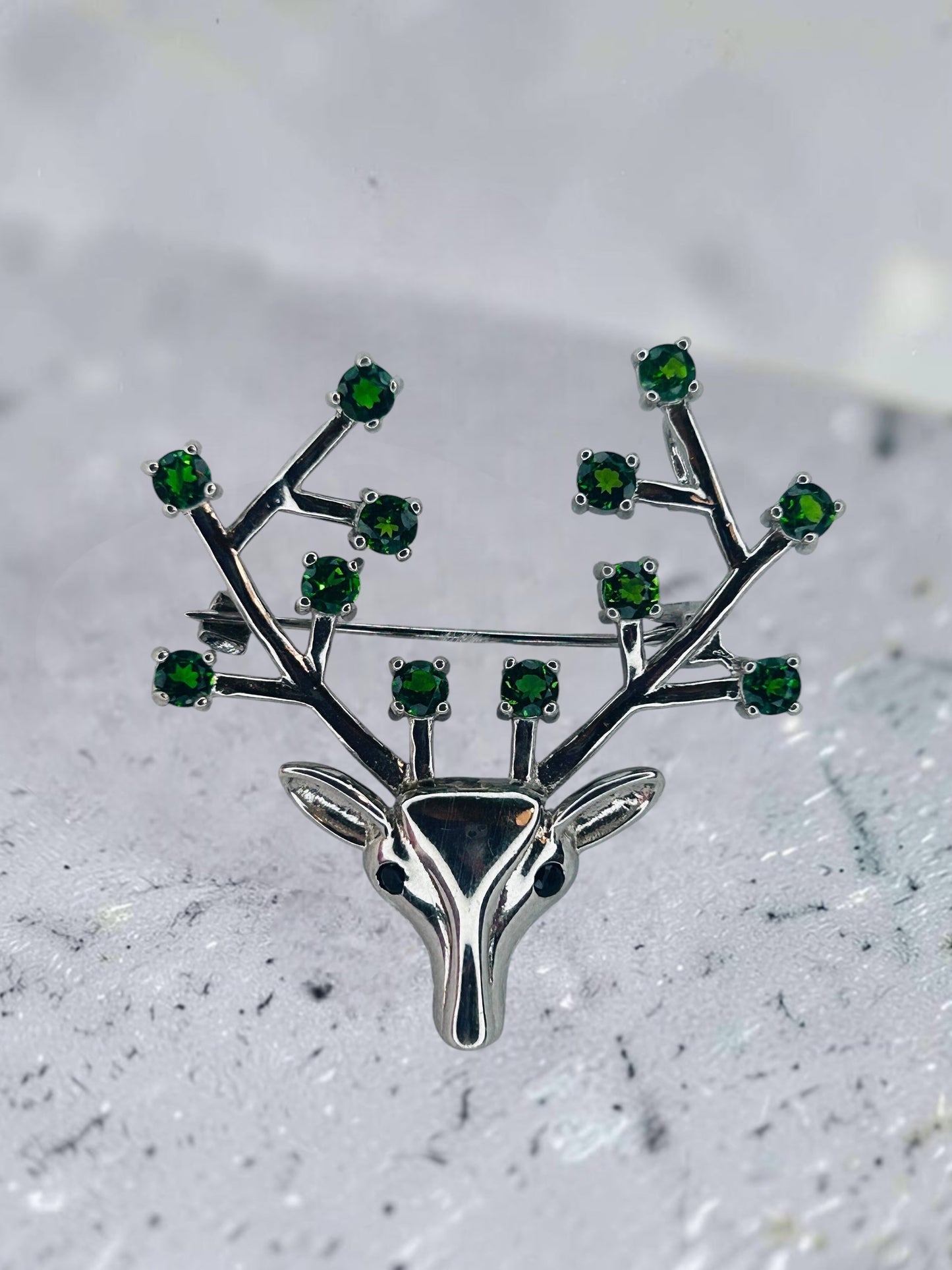 Stag Brooch with Diopside Gemstones • 925 Sterling Silver • Gift Box