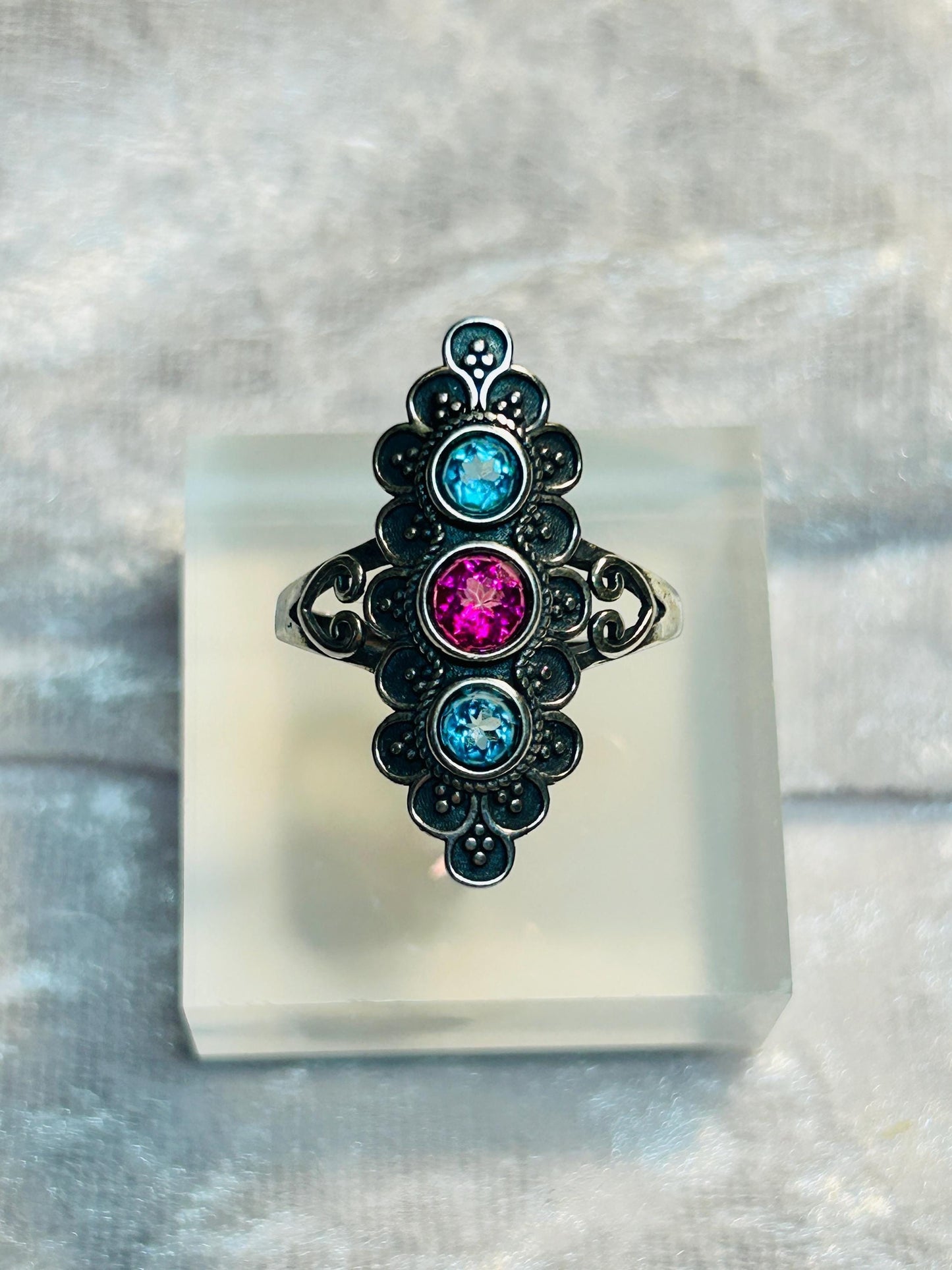 Ornate Triple Gemstone Ring with Topaz • 925 Sterling Silver • Adjustable • Gift Box