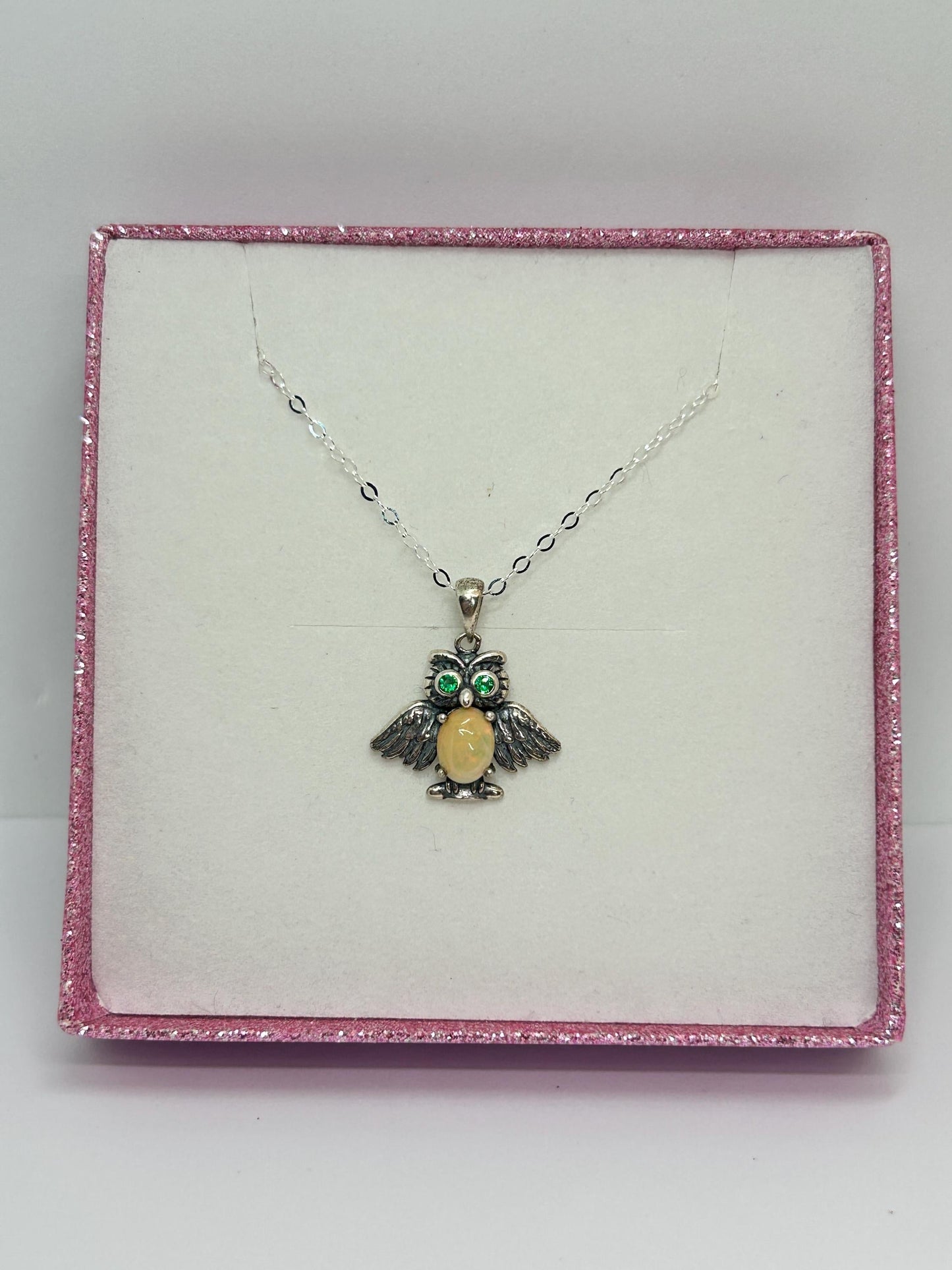 Owl Pendant with Opal Gemstone • 925 Sterling Silver • Gift box