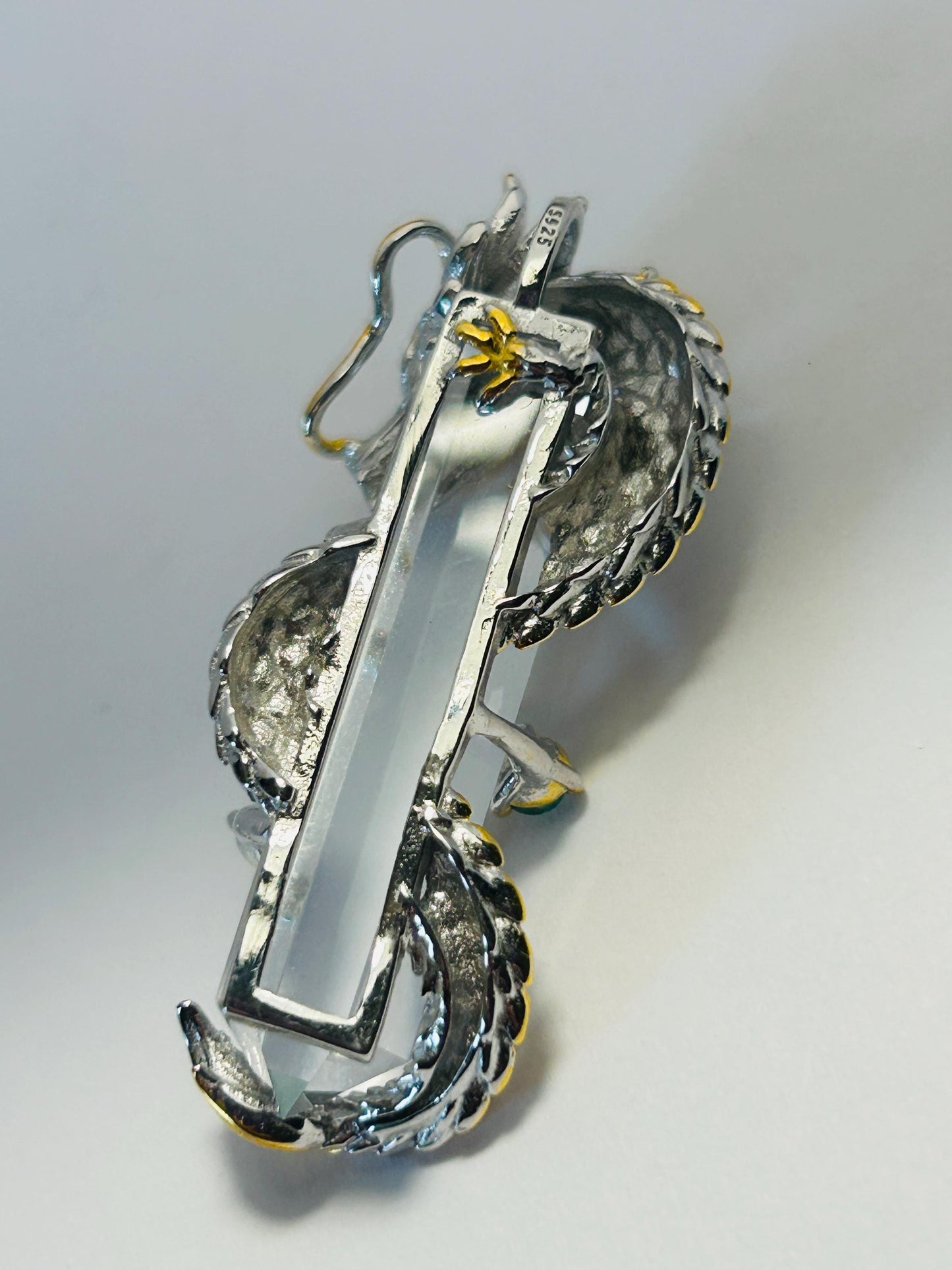 Sterling Silver Dragon Pendant | 925 Necklace | Clear Quartz Crystal Point Jewellery | Gift Boxed