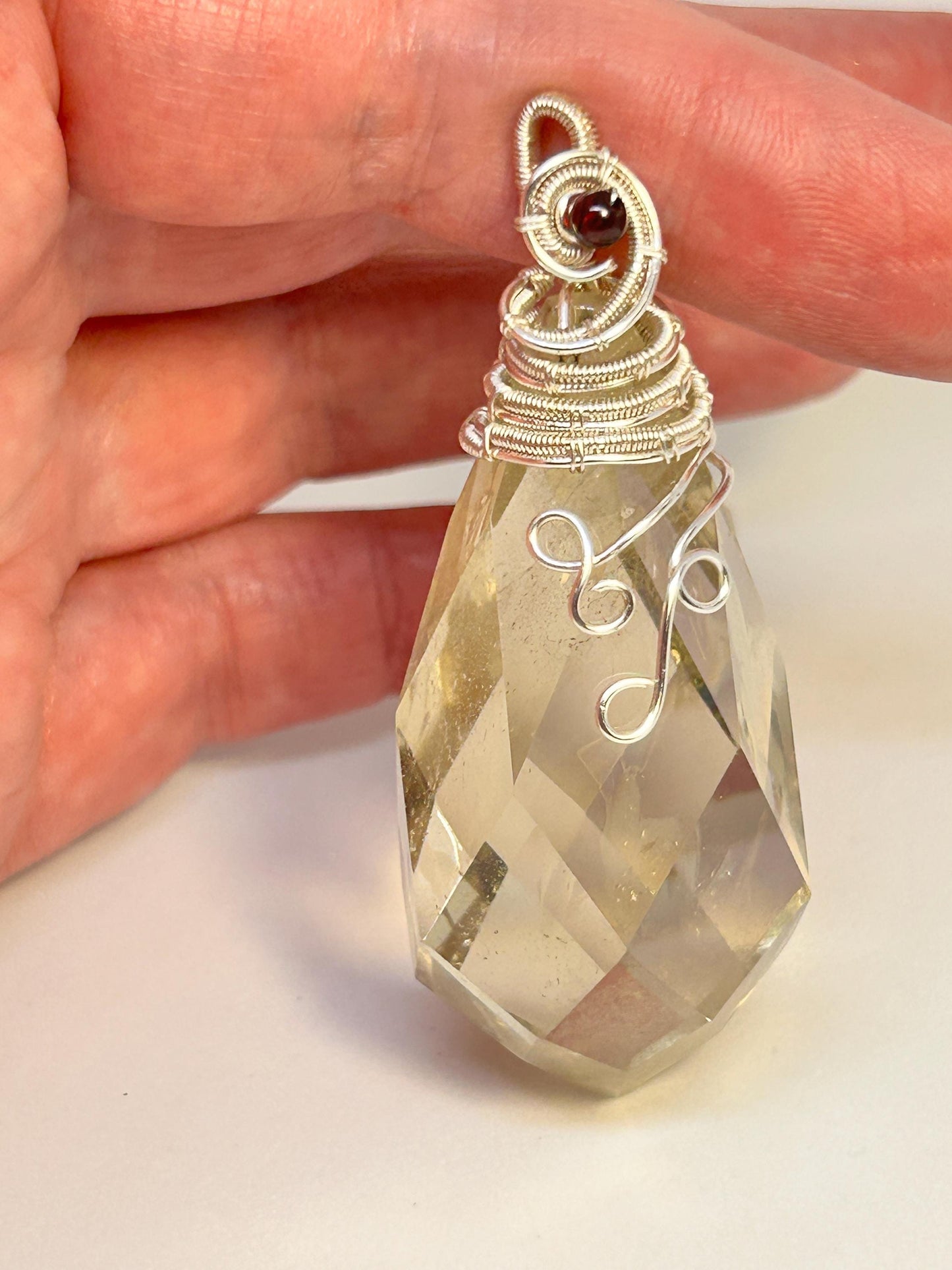 Faceted Citrine Pendant with Garnet Bead • Wire Wrapped Teardrop • Gift Box