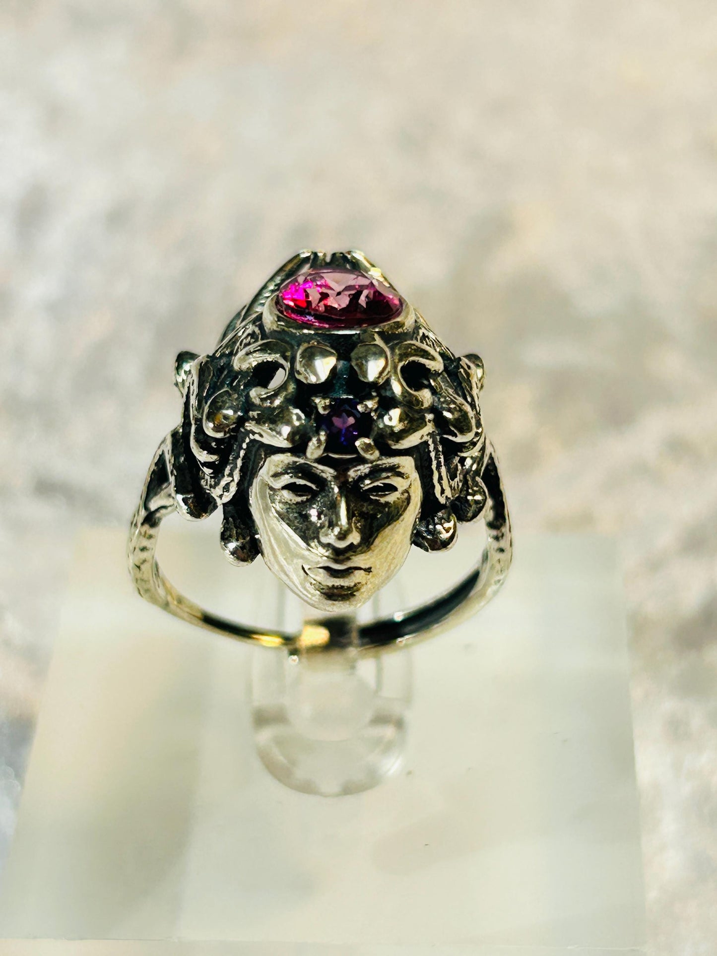 Mythical Medusa Ring with Pink Topaz & Amethyst Gemstones • 925 Sterling Silver • Adjustable • Gift box