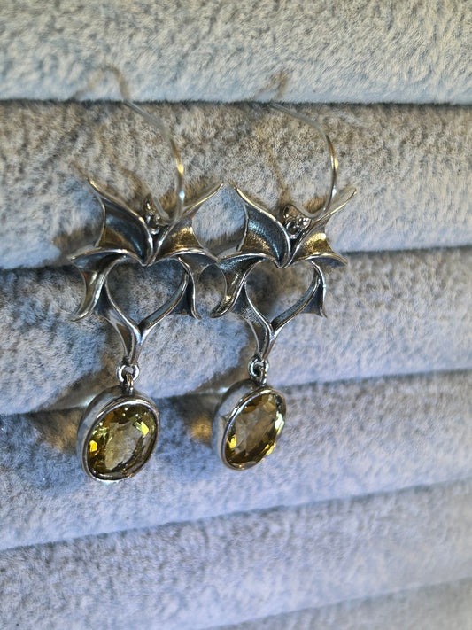 Pair Bat Earrings With Faceted Citrine Gemstone - 925 Silver Dangle Earrings - Giftboxed