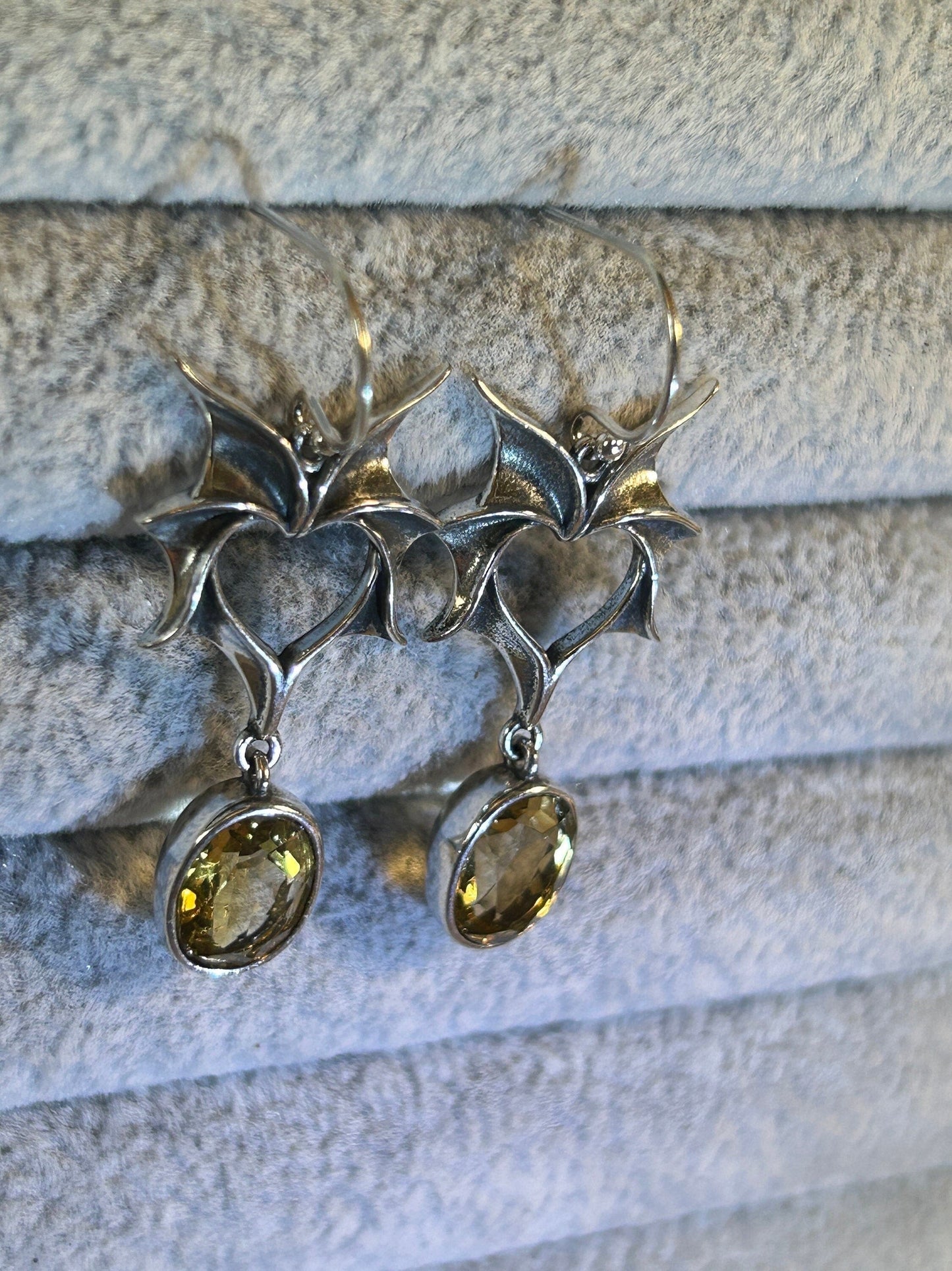 Gothic Bat Wing Earrings with Faceted Citrine Gemstone • 925 Sterling Silver • Gift Box