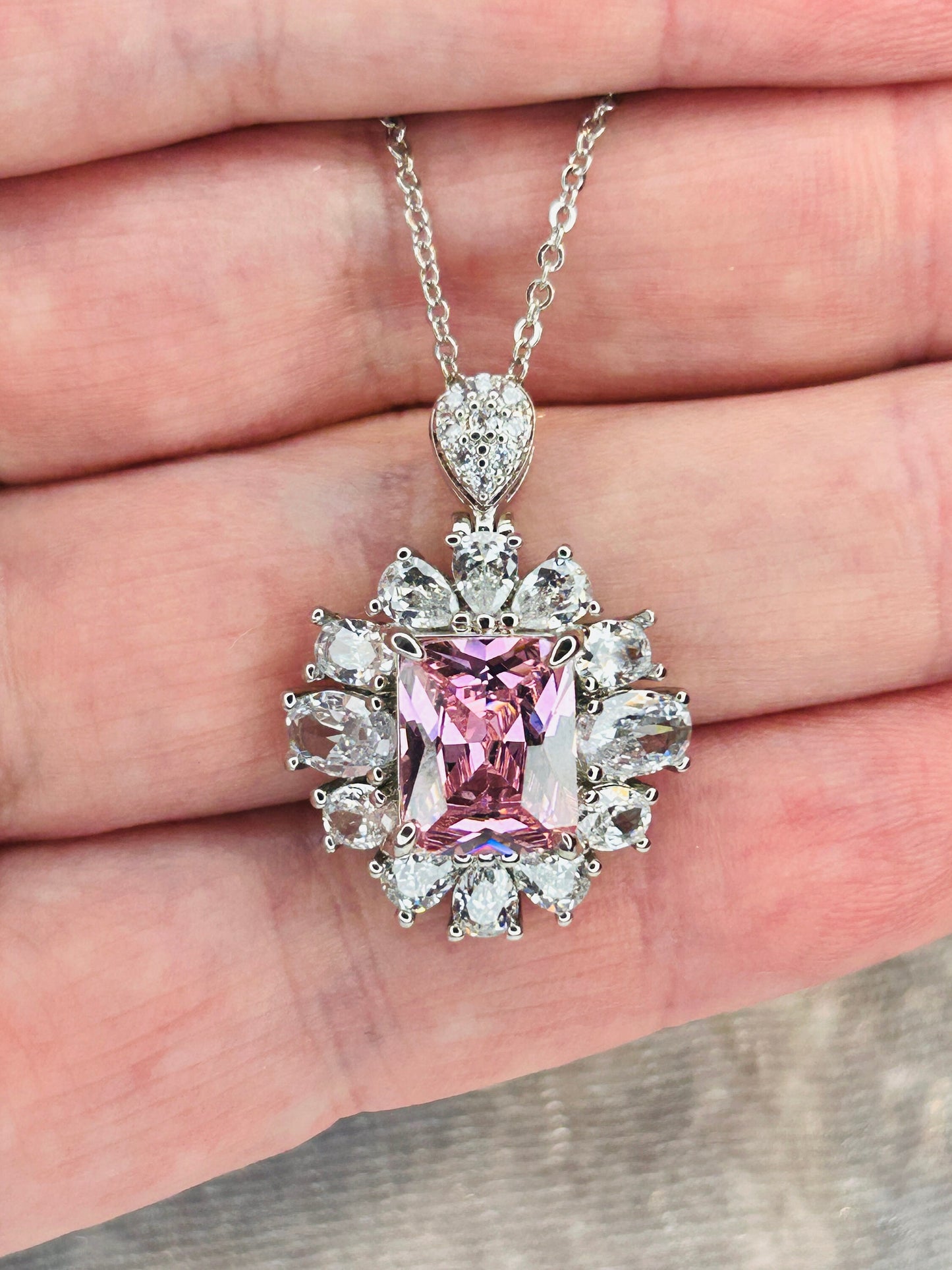Pink CZ Crystal Jewelry Set: Platinum Plated Necklace, Ring & Earrings