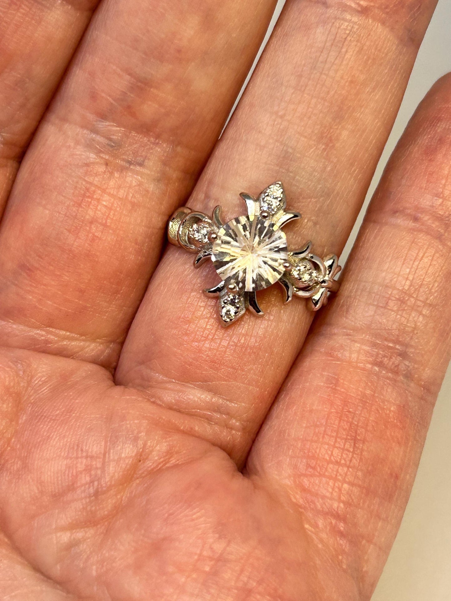 Fleur De Lys Ring with Clear Quartz Gemstone & CZ Accents • 925 Sterling Silver • Adjustable • Gift Box