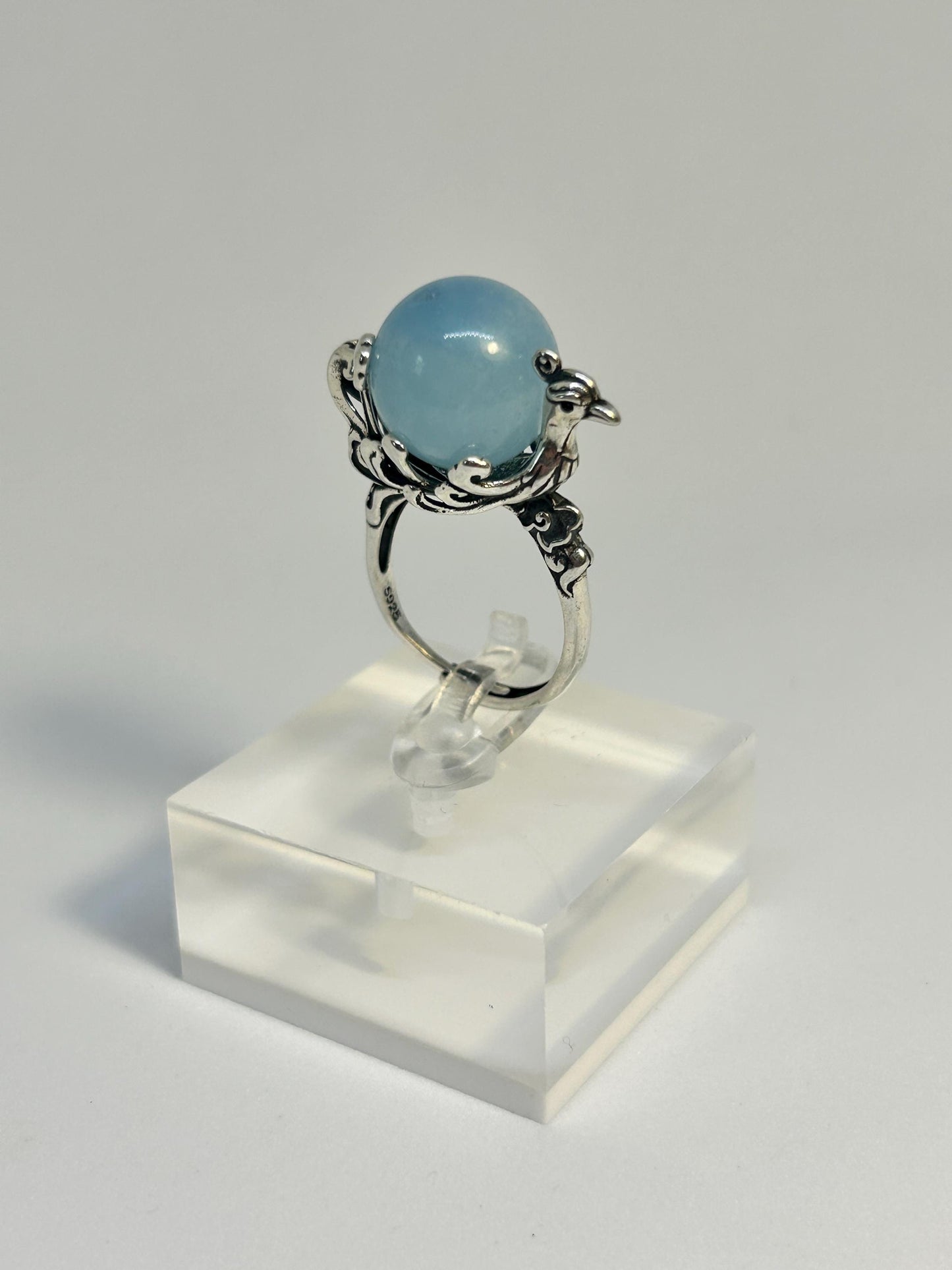 Large Phoenix Ring with Aquamarine Sphere Gemstone • 925 Sterling Silver • Adjustable • Gift Box