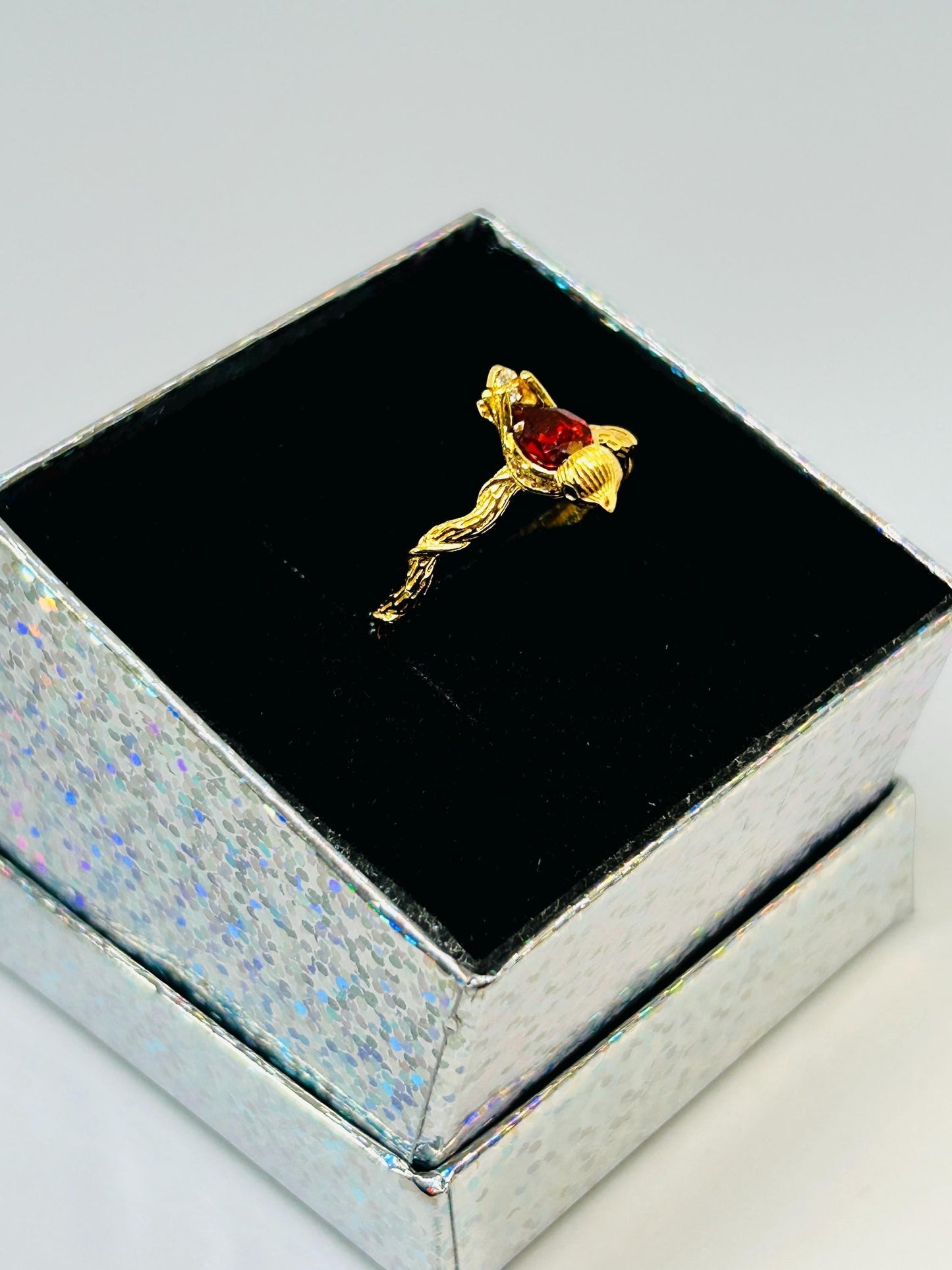 Gold Plated Silver Bird Ring with Garnet Gemstone • 925 Sterling Silver • Adjustable • Gift Box