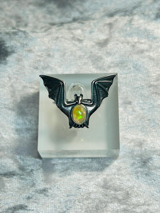 925 Silver Bat Ring: Rainbow Opal Gemstone, Adjustable