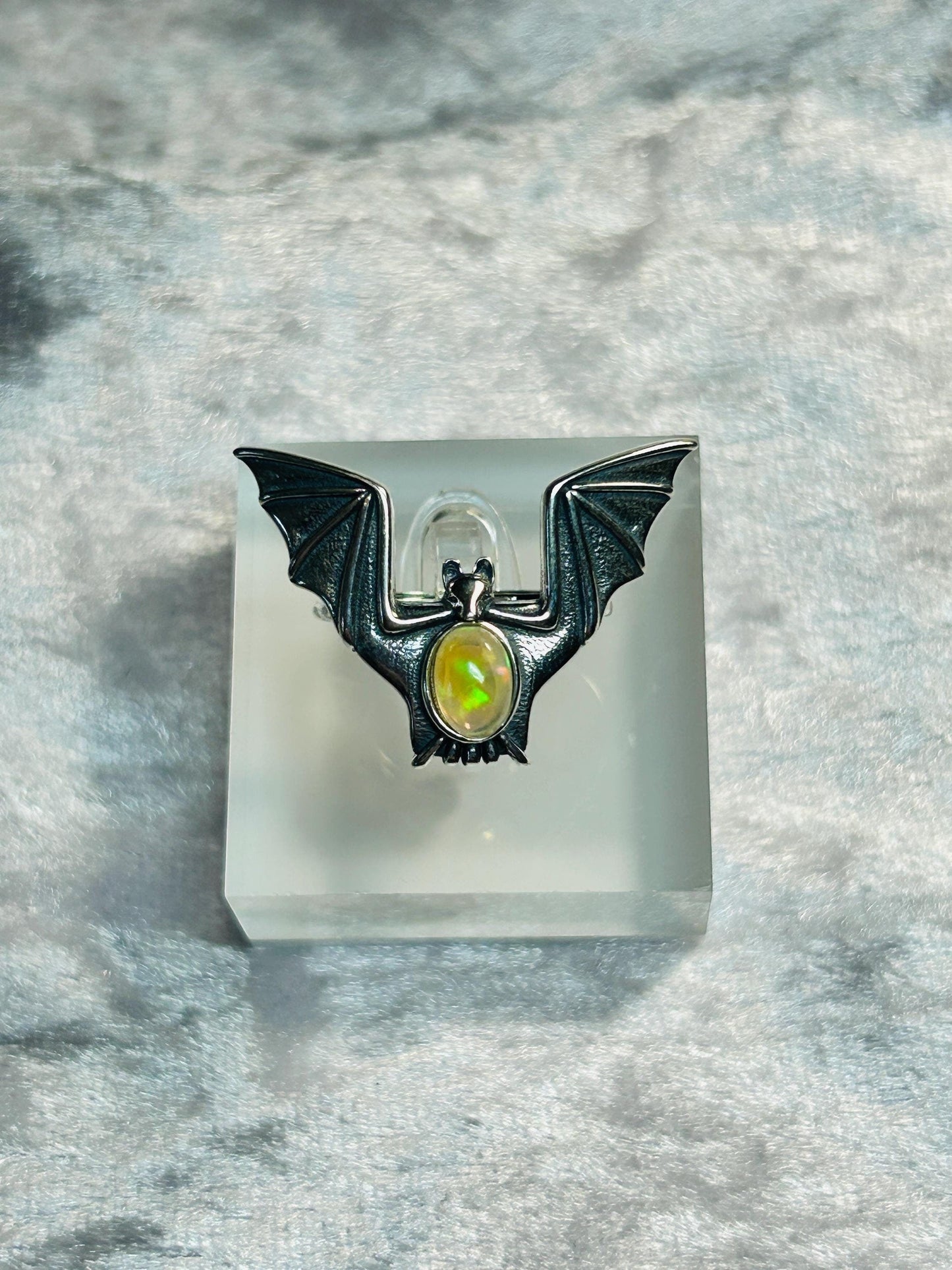 Large Gothic Bat Ring with Rainbow Opal Gemstone • 925 Sterling Silver • Adjustable • Gift Box