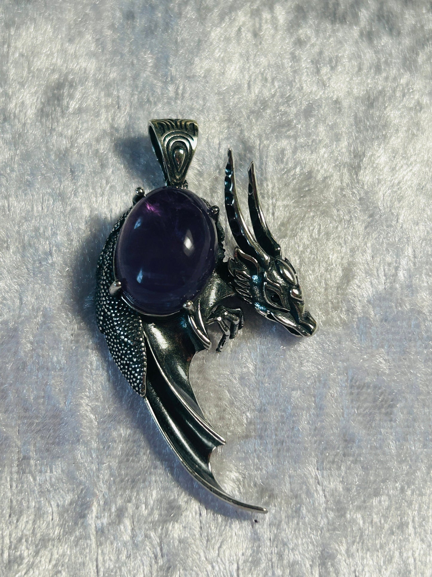925 Sterling Silver Dragon Pendant: Amethyst Cabochon, Black Spinel Eyes