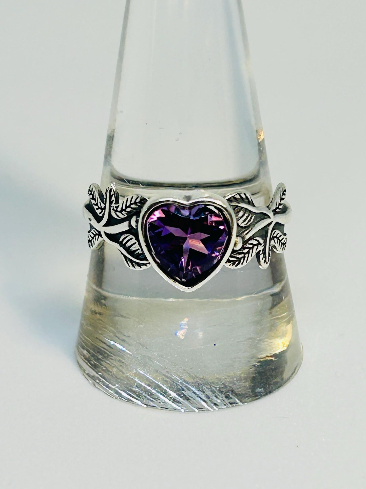 Crystal Heart Ring with Faceted Amethyst Gemstone • 925 Sterling Silver • Adjustable • Gift Box