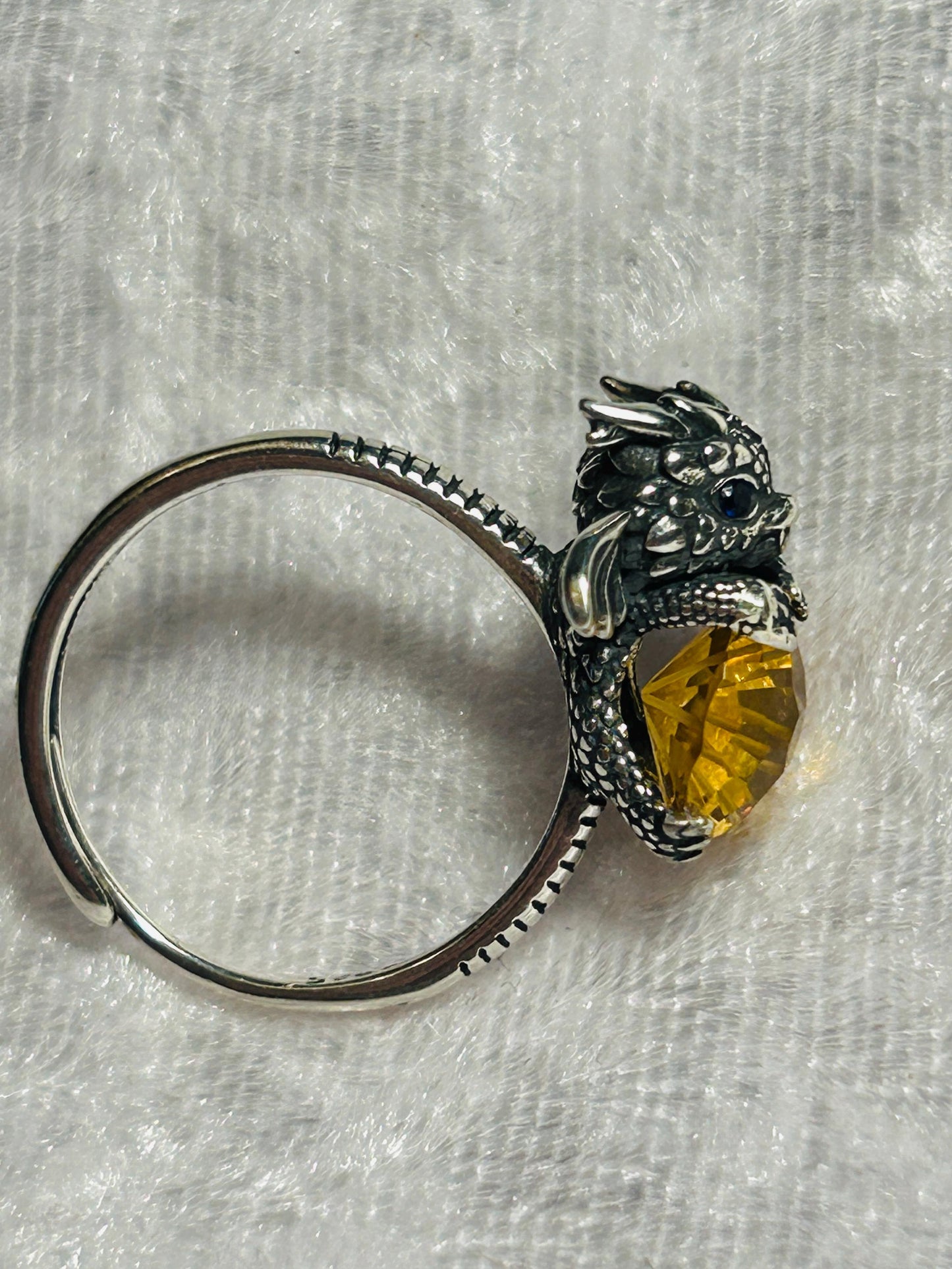 Baby Dragon 925 Silver Ring: Citrine Gemstone, Sapphire Eyes, Adjustable