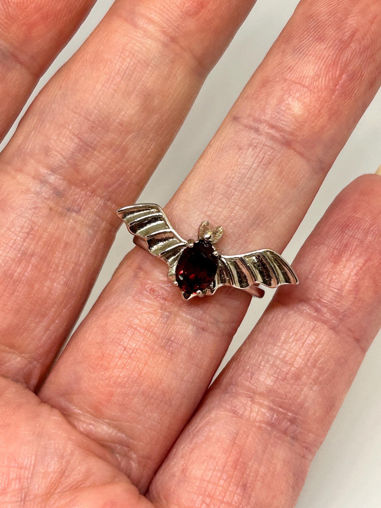 Gothic Bat Ring with Red Garnet Gemstone • 925 Sterling Silver • Adjustable • Gift Box