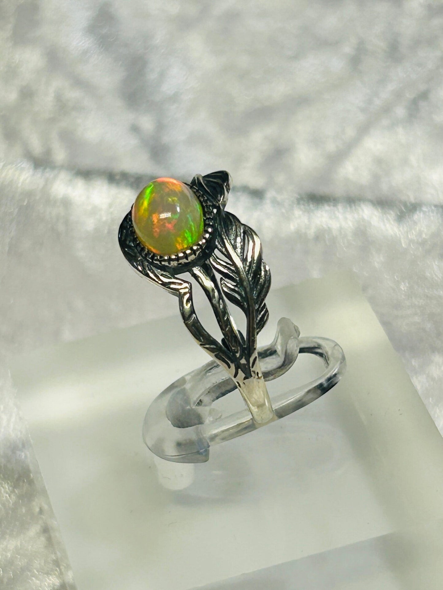 Vine Leaf Ring with Rainbow Opal Gemstone • 925 Sterling Silver • Adjustable • Gift Box