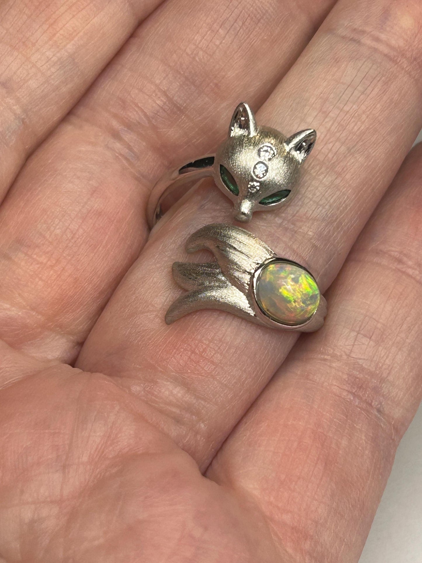 Fox Ring with Opal Cabochon • 925 Burnished Sterling Silver • Adjustable • with Gift Box