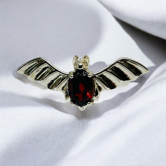 Sterling Silver Bat Ring: Red Garnet Gemstone, Adjustable Band
