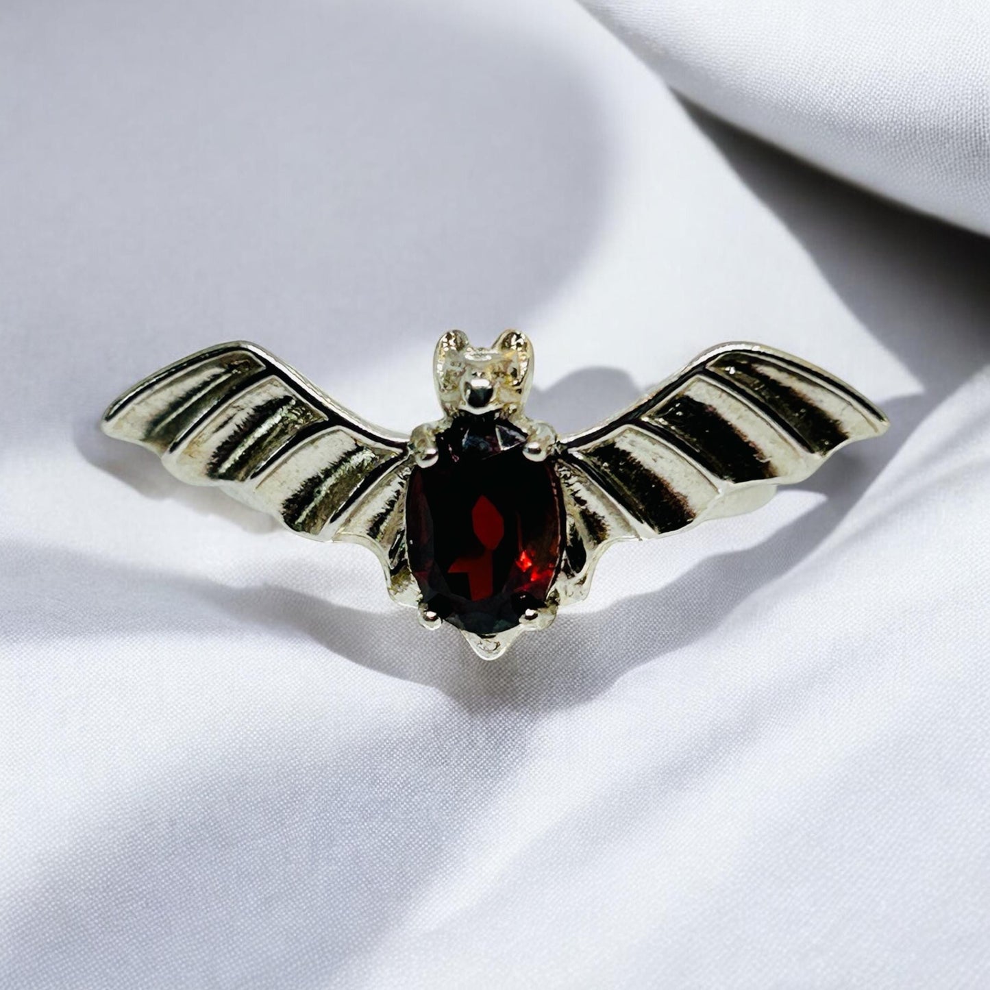 Gothic Bat Ring with Red Garnet Gemstone • 925 Sterling Silver • Adjustable • Gift Box