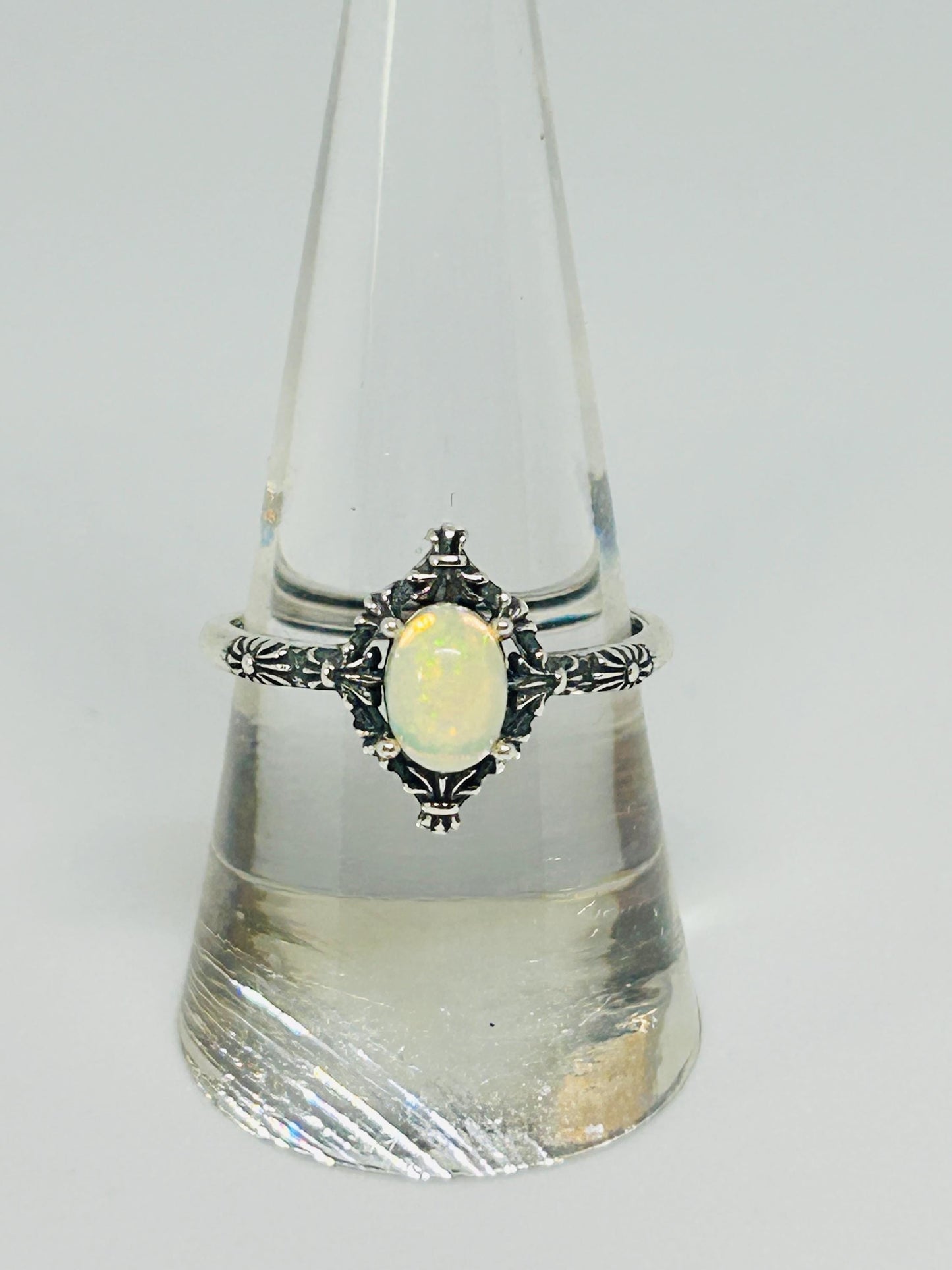 Fleur De Lys Ring with Opal Gemstone • 925 Sterling Silver • Adjustable • Gift Box