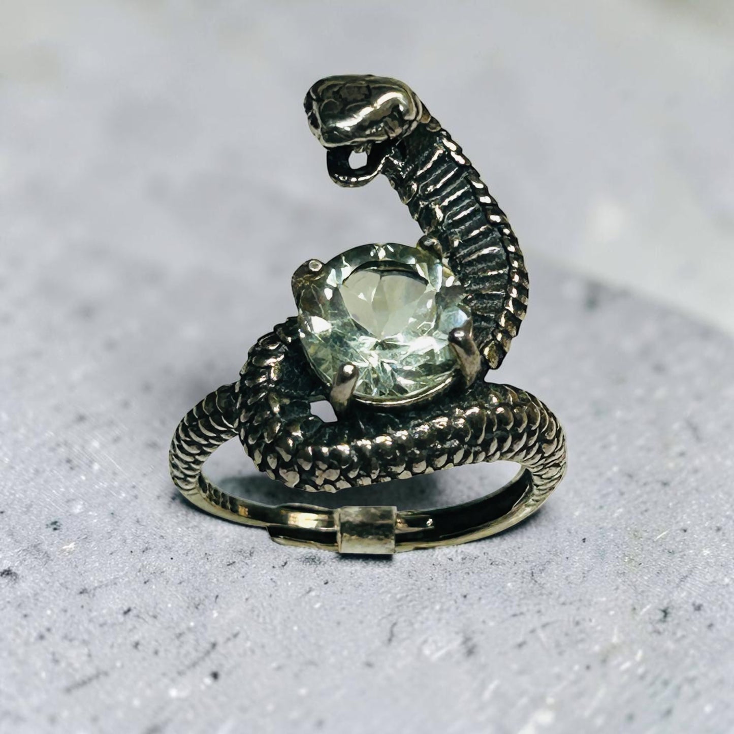 925 Silver Snake Ring with Green Quartz - Adjustable Serpent Jewellery - Gift Boxed