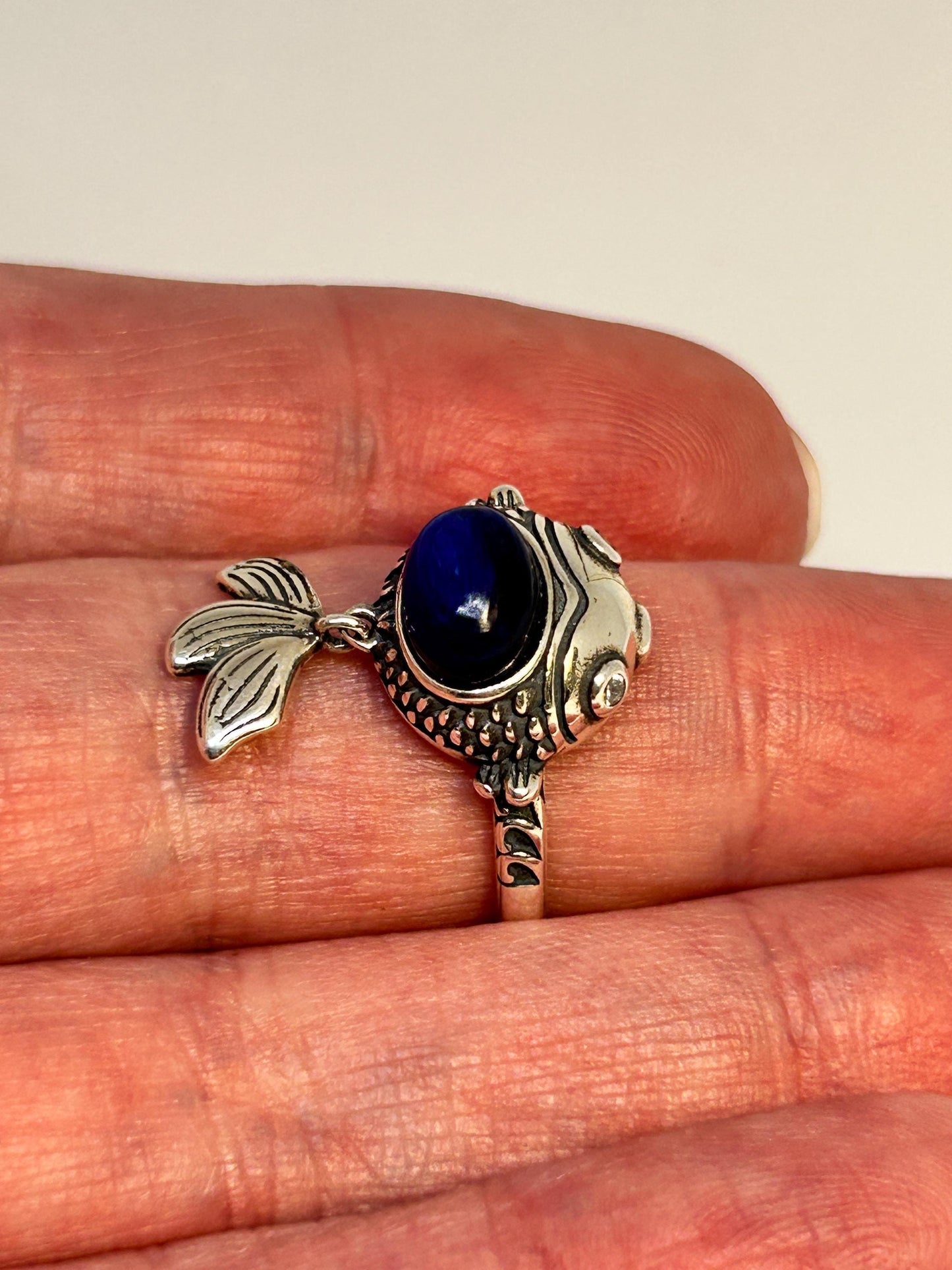 Fancy Fish Ring with Blue Kyanite Gemstone & Dangling Tail • 925 Sterling Silver • Adjustable • Gift Box