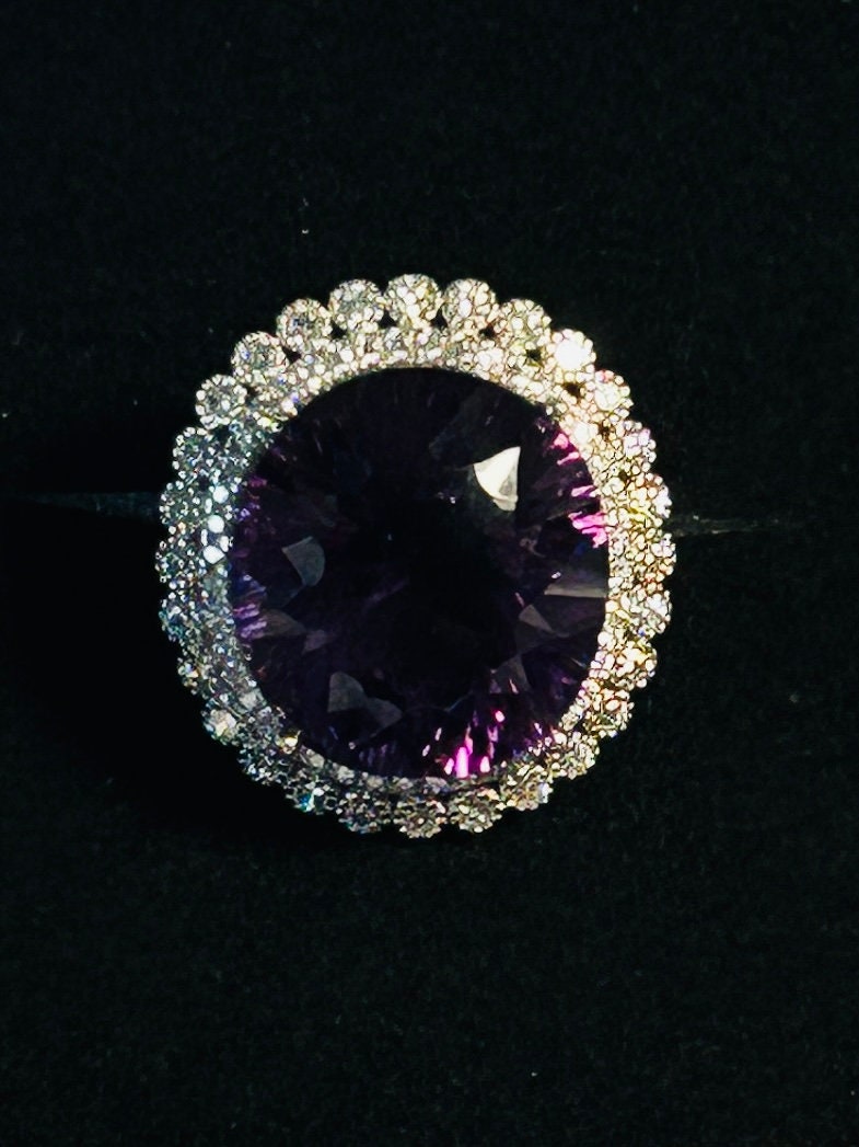 Adjustable 925 Silver Amethyst Ring with CZ Surround