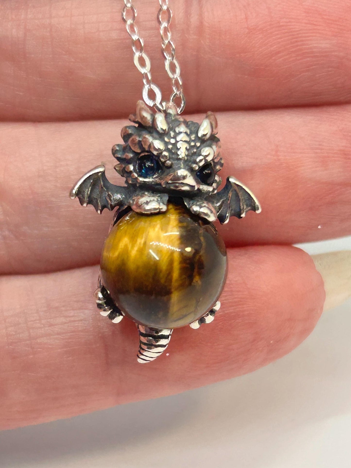 Baby Dragon Pendant with Tigers Eye Gemstone • 925 Sterling Silver • Gift box