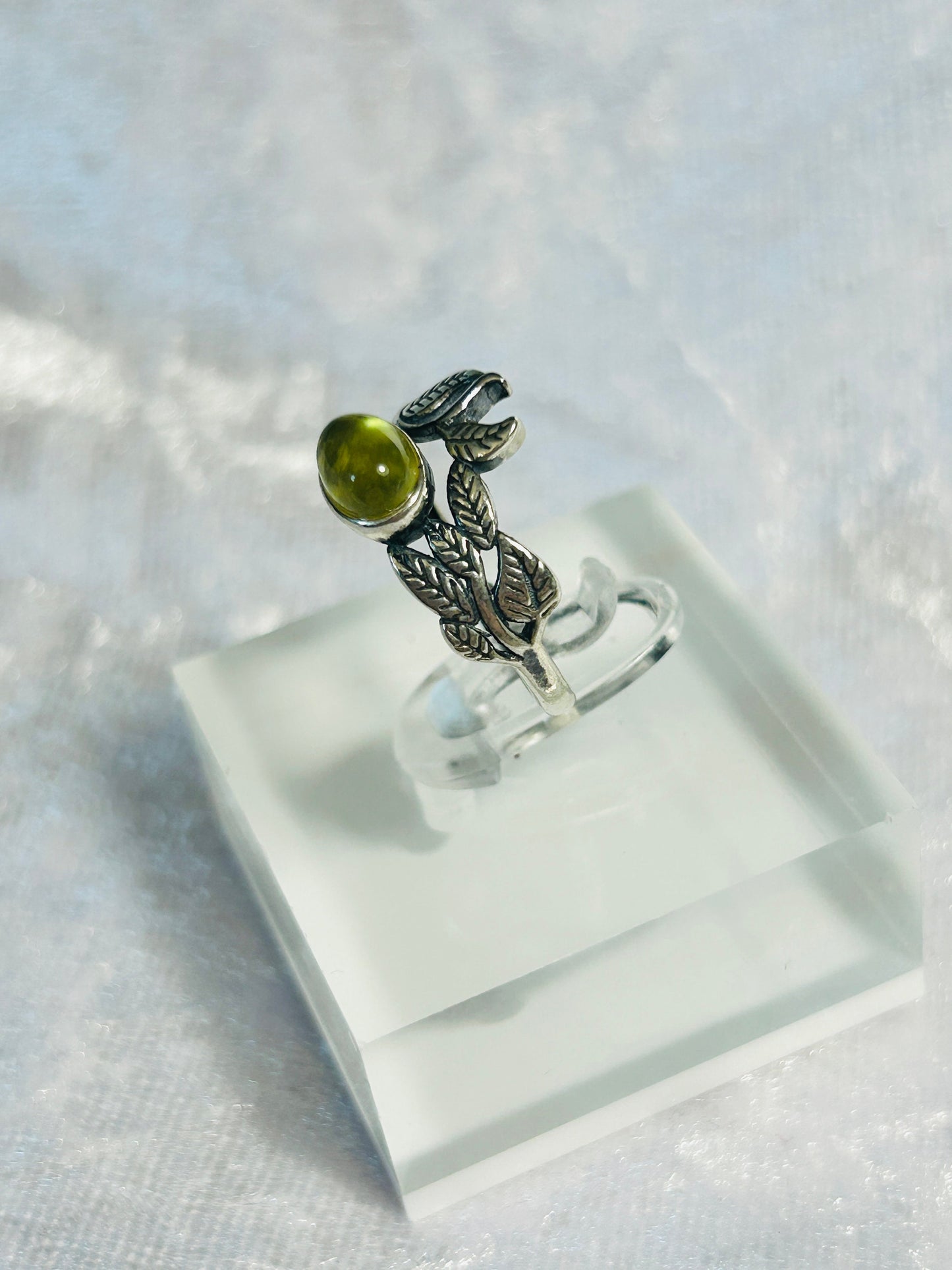 Golden Prehnite Ring: Sterling Silver Vine Leaf, Adjustable