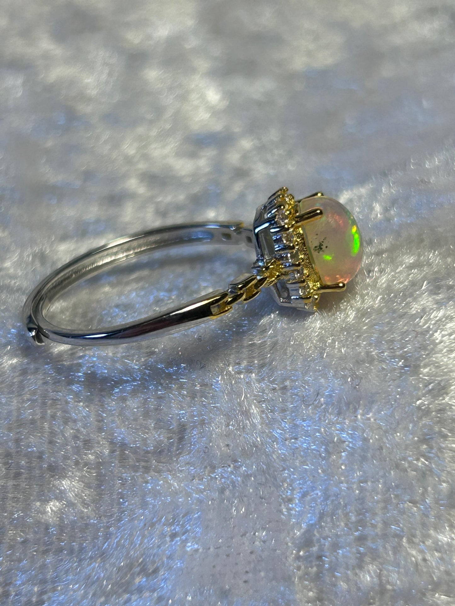Rainbow Opal Ring with CZ Accents • Gold Plated 925 Sterling Silver • Adjustable • Gift Box
