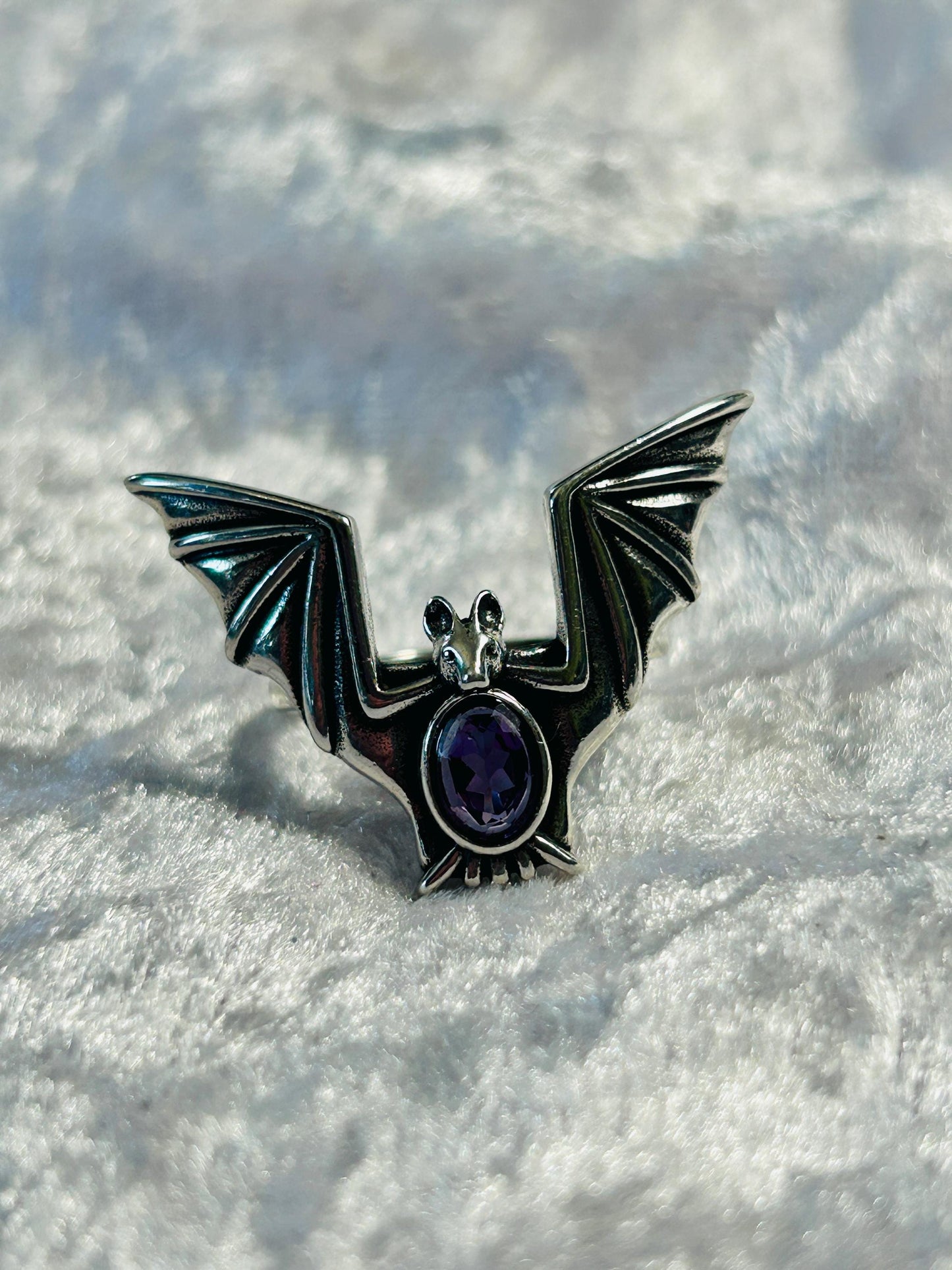 Bat Ring With Amethyst Gemstone - 925 Silver Ring - Adjustable - Supplied In Gift Box