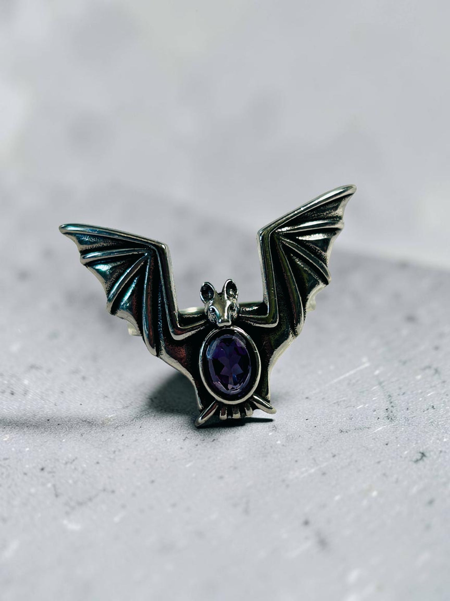 Large Gothic Bat Ring with Faceted Amethyst Gemstone • 925 Sterling Silver • Adjustable • Gift Box