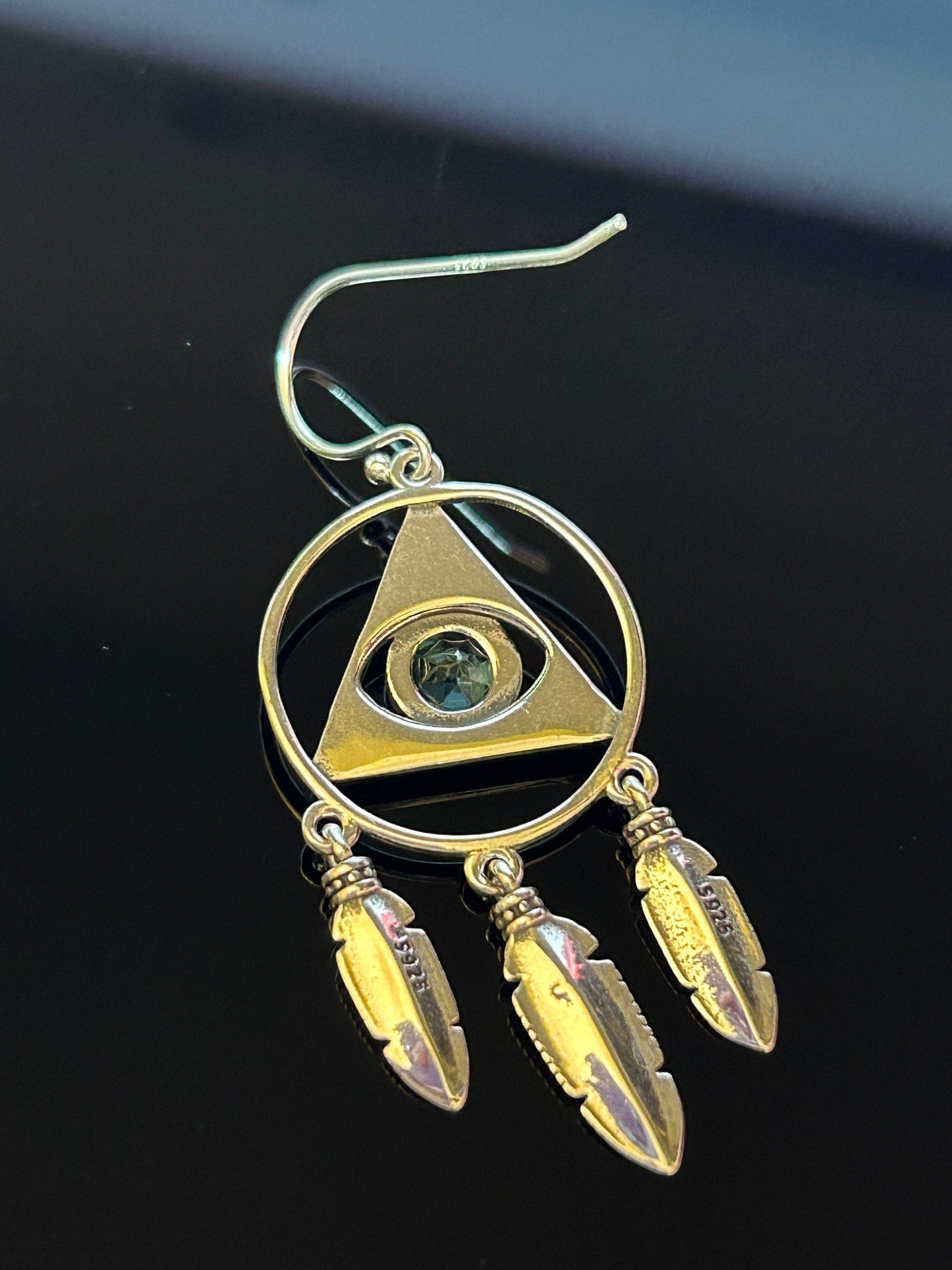 Evil Eye Dreamcatcher Earrings with Blue Topaz Gemstones • 925 Sterling Silver • Gift Box
