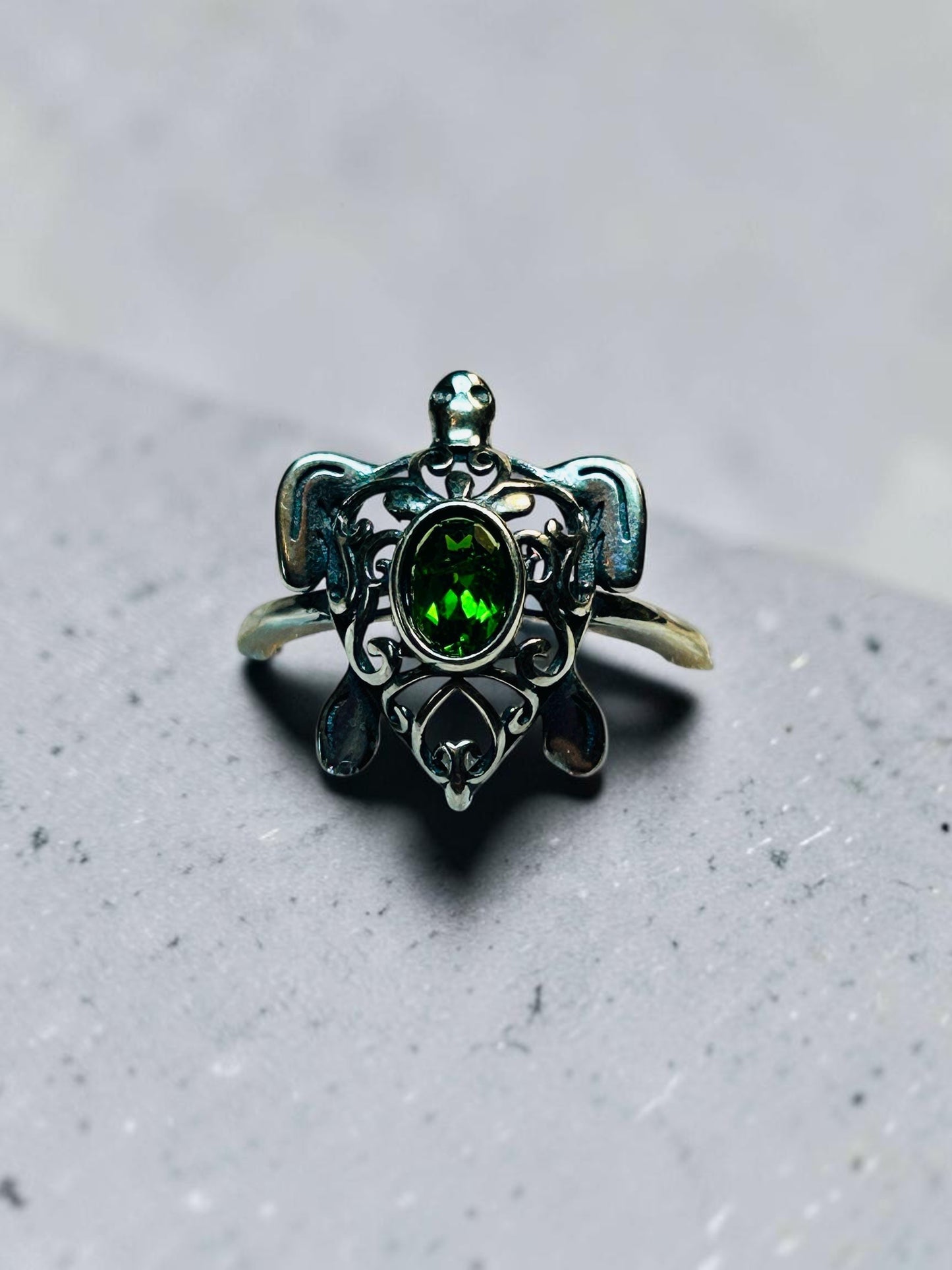Turtle Ring with Diopside Gemstone • 925 Sterling Silver • Adjustable • Gift Box