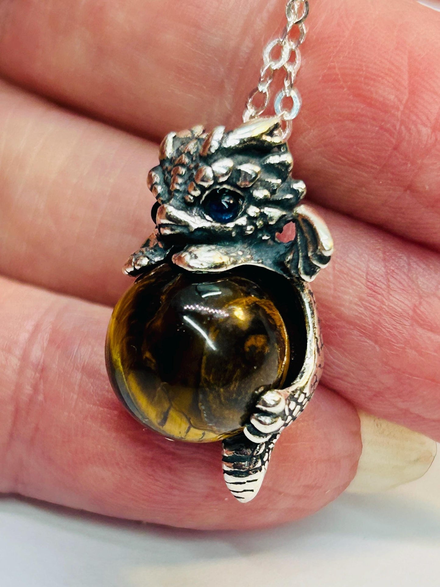 Baby Dragon Pendant with Tigers Eye Gemstone • 925 Sterling Silver • Gift box