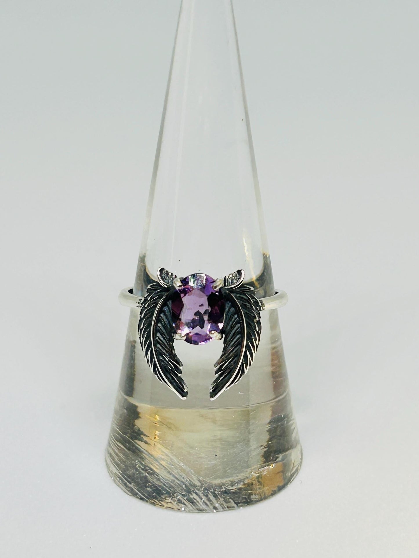 Angel Wings Ring with Amethyst Gemstone • 925 Sterling Silver • Adjustable • Gift Box