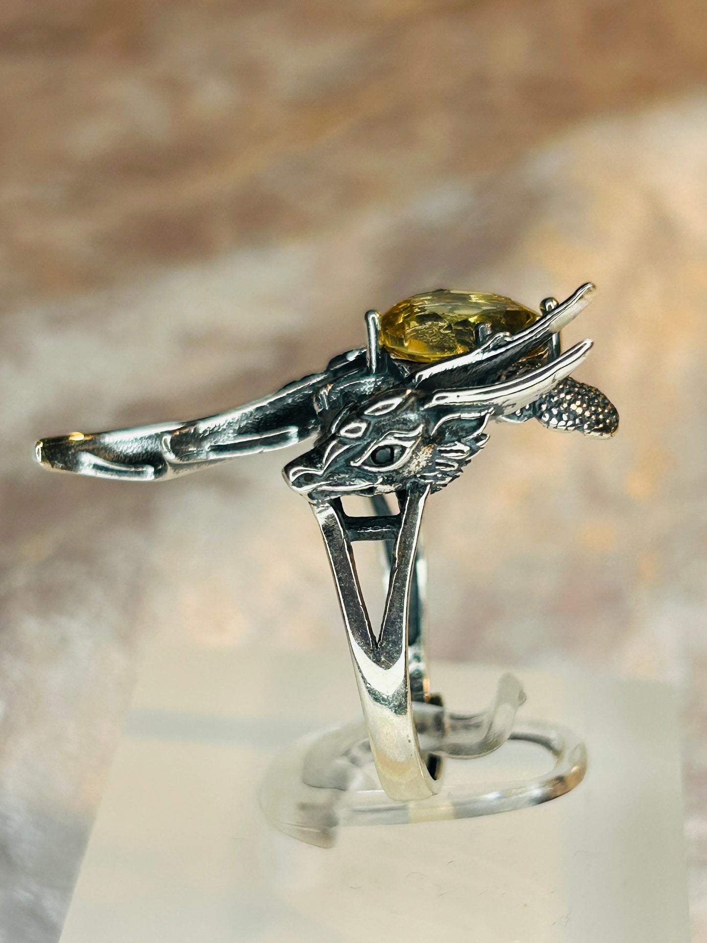 925 Sterling Silver Dragon Ring: Citrine Gemstone, Adjustable Band