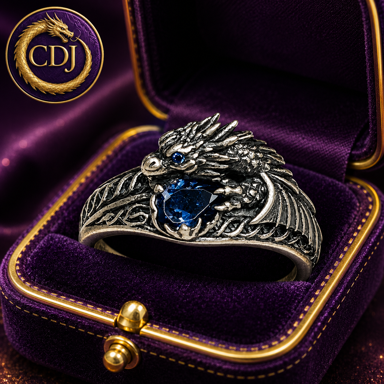 Celtic Dragon Ring with Tanzanite CZ • 925 Sterling Silver with Gift Box