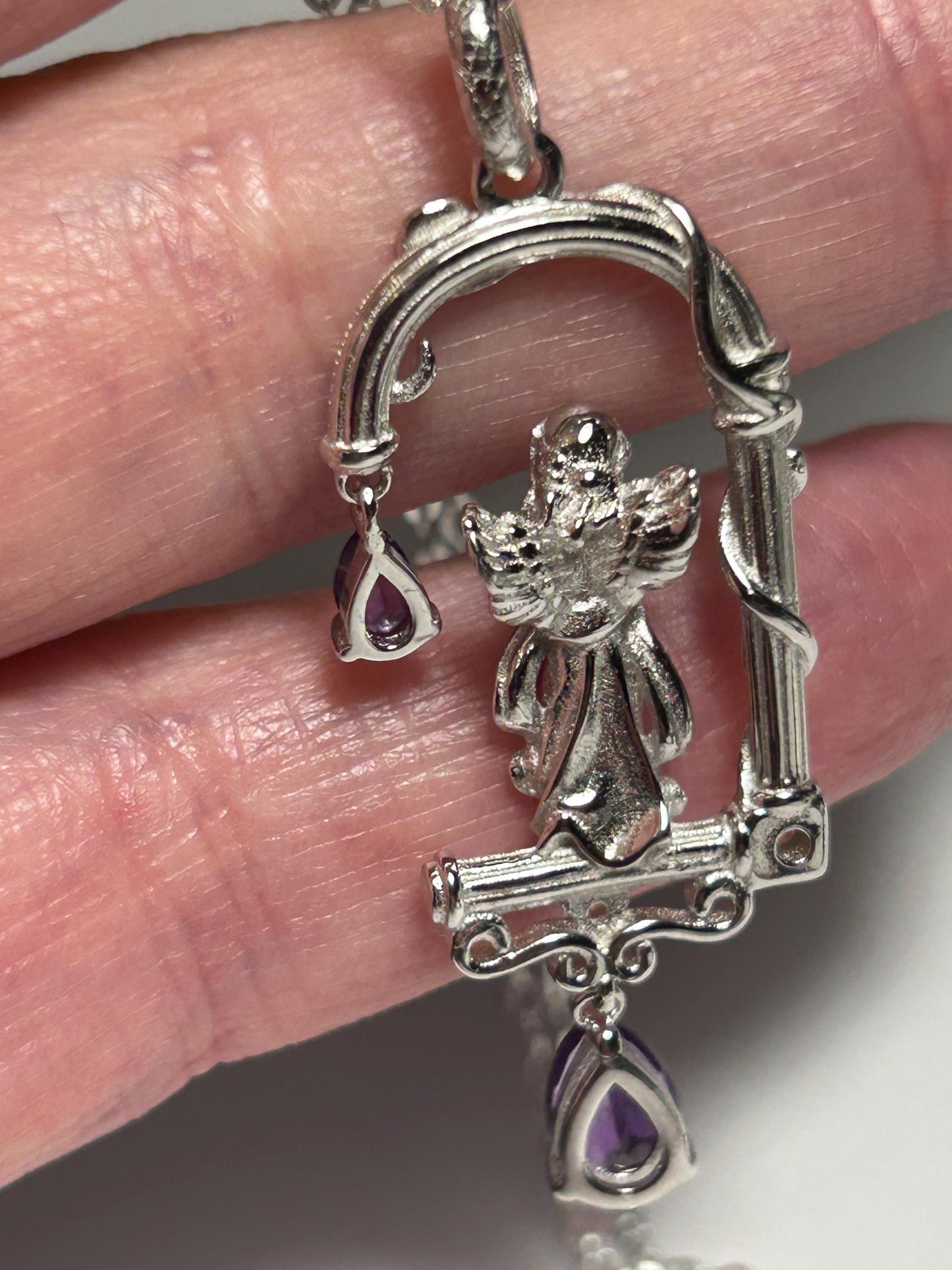 Decorative Angel Pendant with Amethyst Gemstones • 925 Sterling Silver • Gift Box