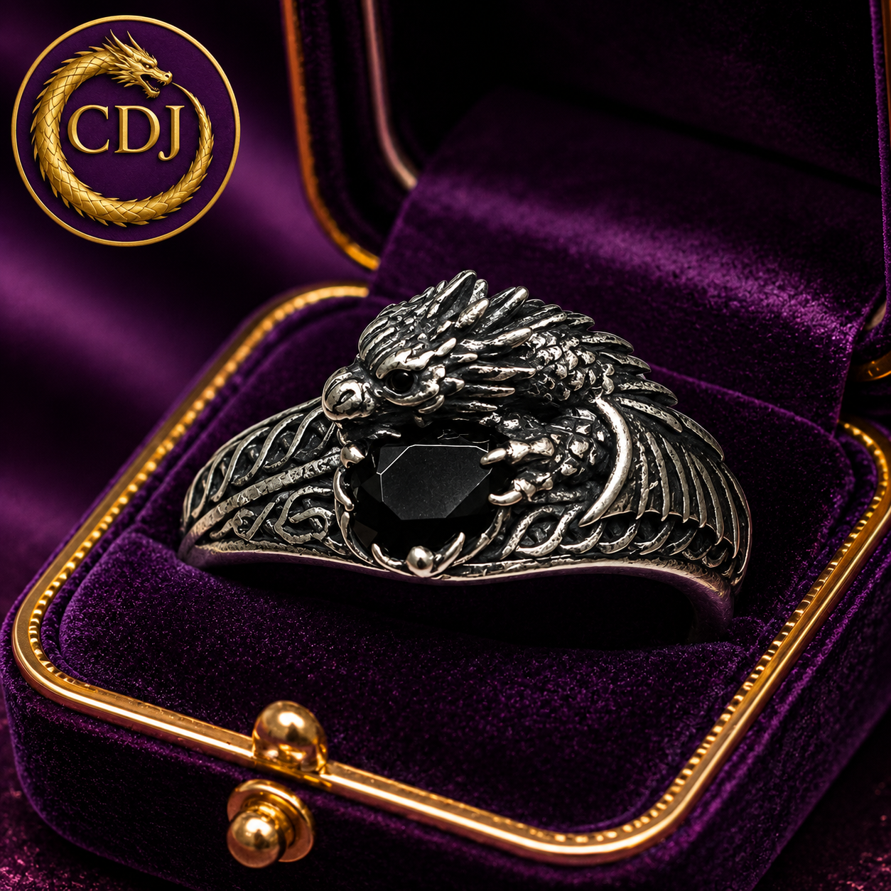 Celtic Dragon Ring with Jet Black CZ • 925 Sterling Silver with Gift Box