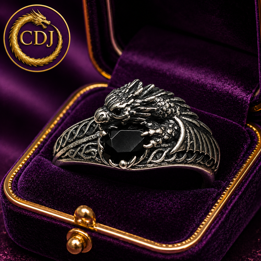Celtic Dragon Ring with Jet Black CZ • 925 Sterling Silver with Gift Box