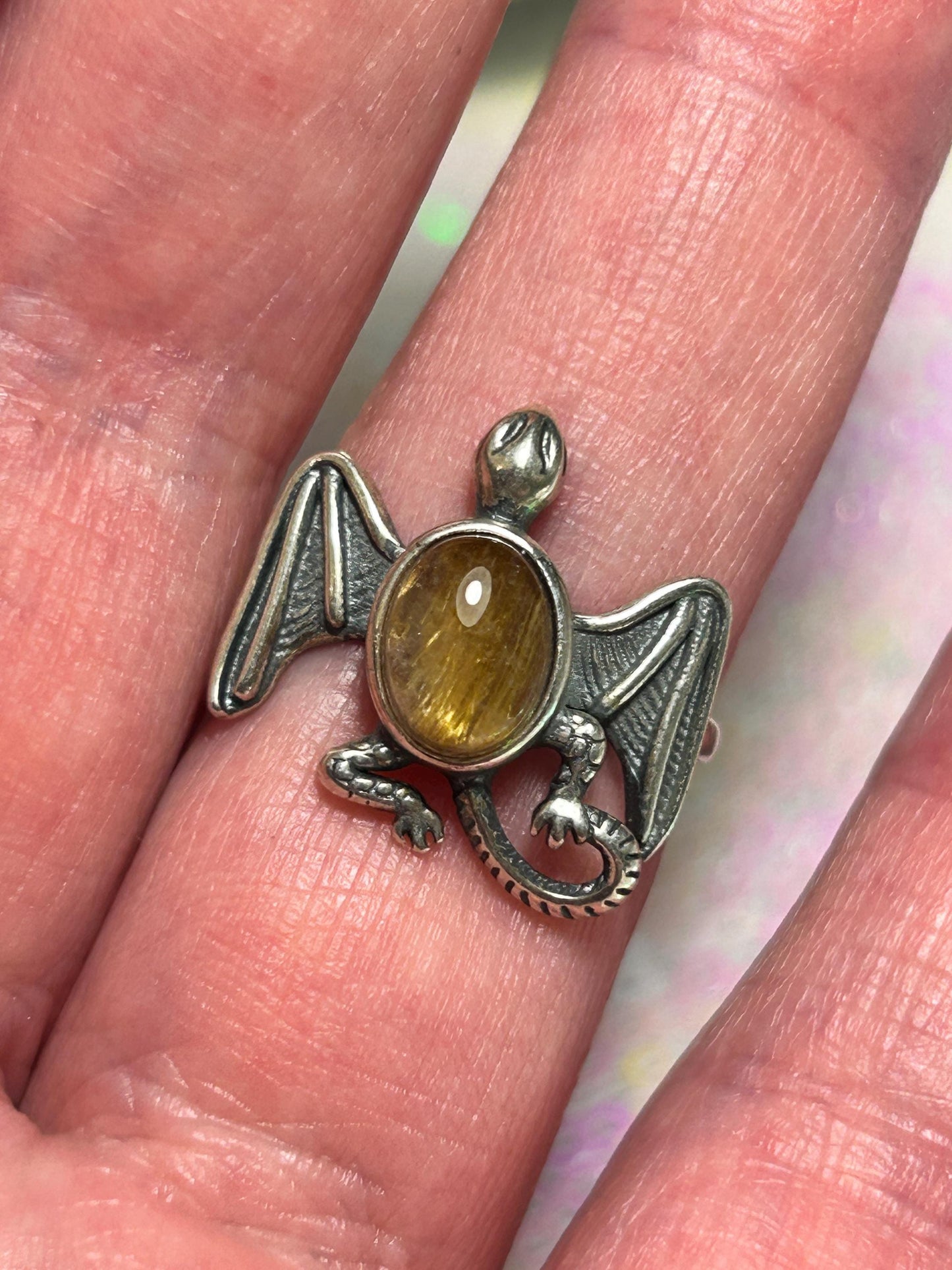 Silver Dragon Ring: Gold Rutilated Quartz Gemstone, Adjustable Band