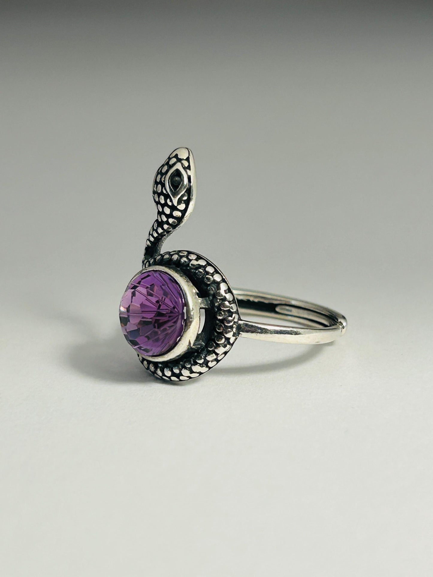 Snake Ring with Faceted Amethyst Gemstone • 925 Sterling Silver • Adjustable • Gift Box