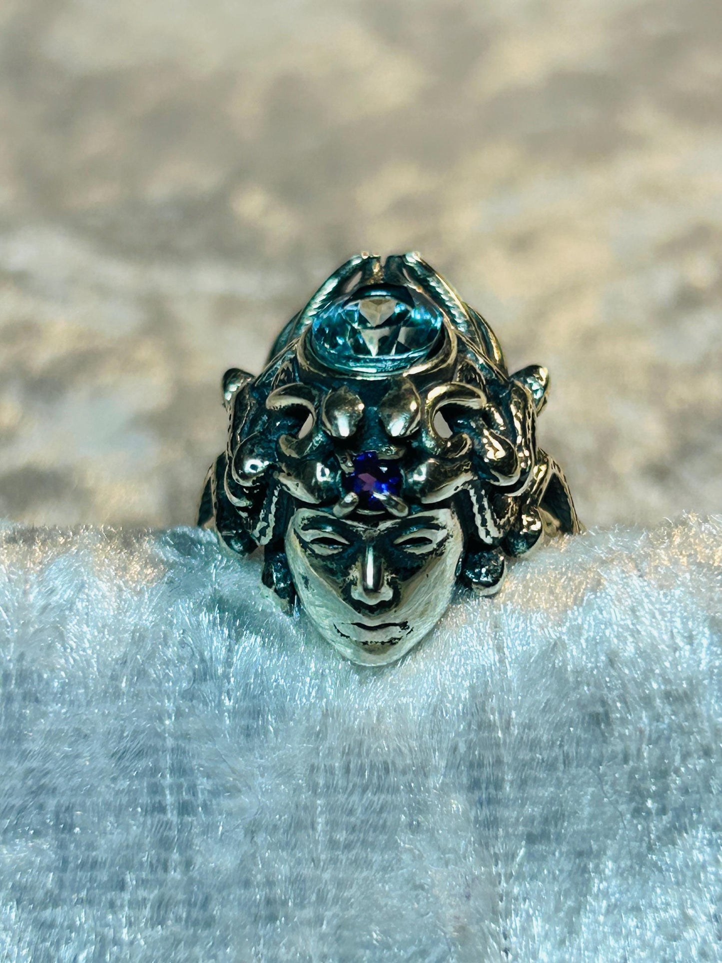 Mythical Medusa Ring with Blue Topaz & Amethyst Gemstones • 925 Sterling Silver • Adjustable • Gift box