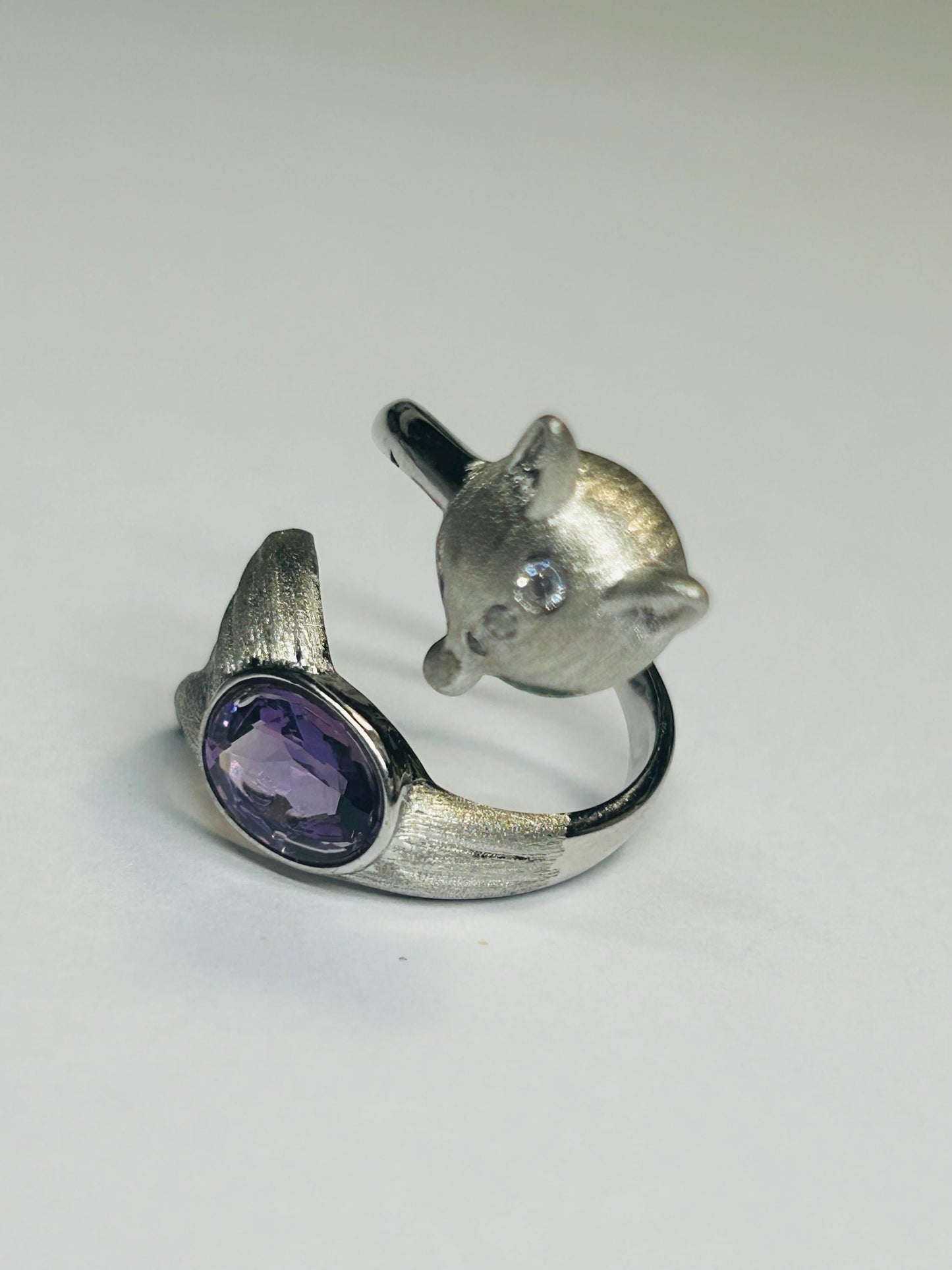 Fox Ring with Amethyst Gemstone • 925 Burnished Sterling Silver • Adjustable • with Gift Box