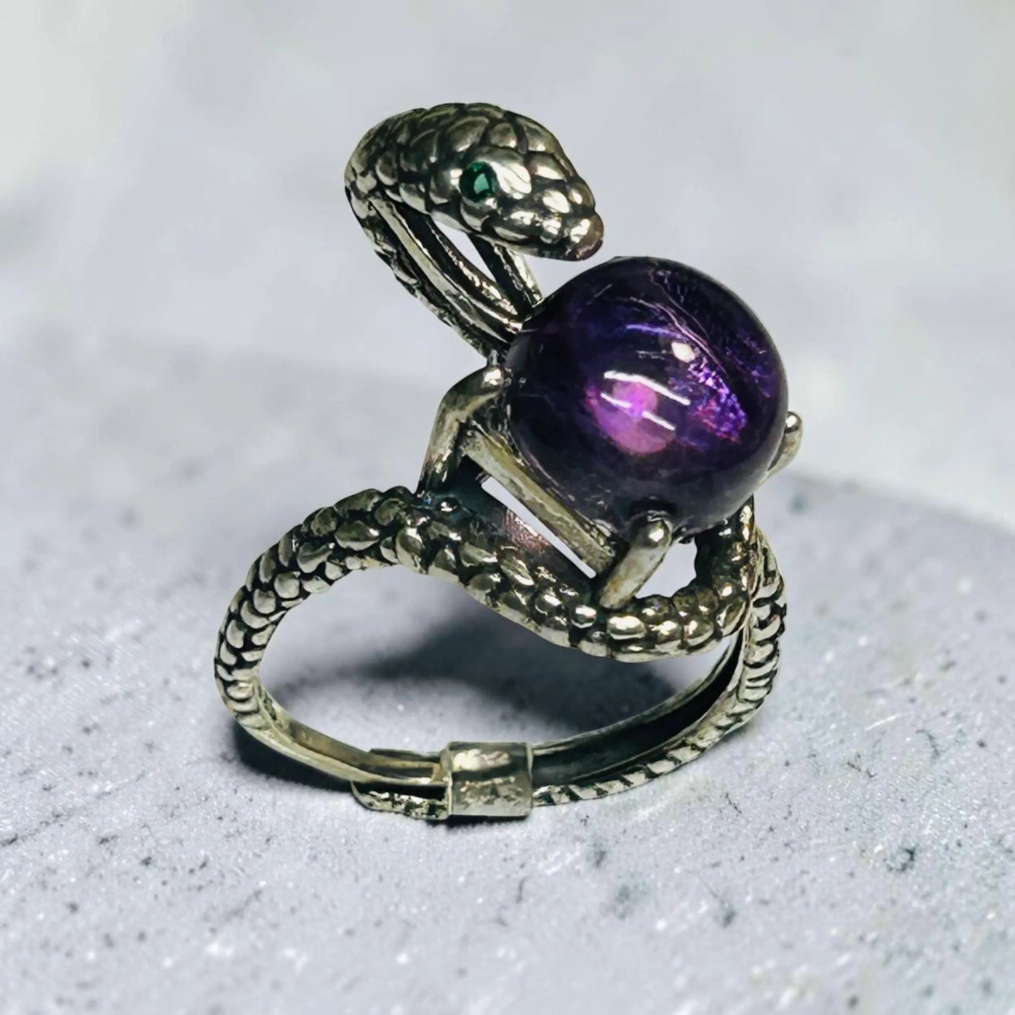 925 Silver Snake Ring with Amethyst - Adjustable Serpent Jewellery with CZ Eyes - Gift Boxed Celtic Dragon Jewellery
