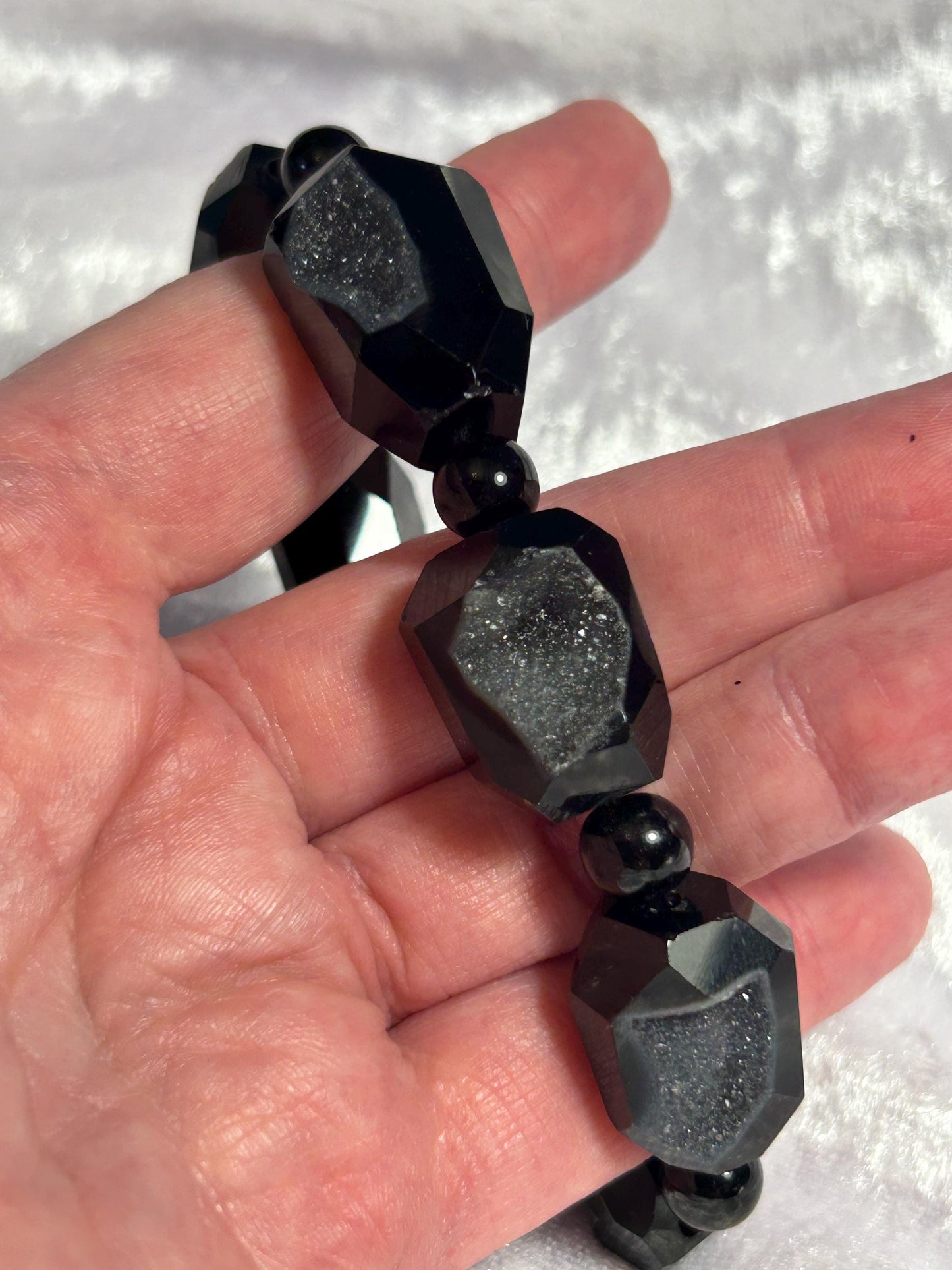 Chunky Black Agate Bracelet: Druzy Gemstone Beaded Jewelry